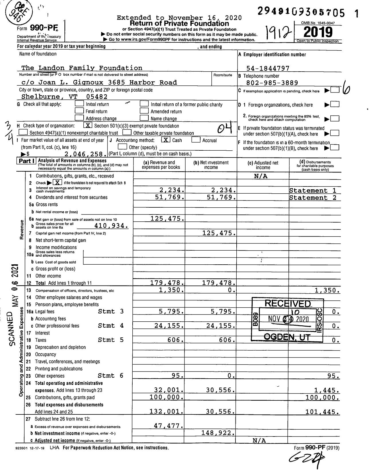 Image of first page of 2019 Form 990PF for The Landon Family Foundation