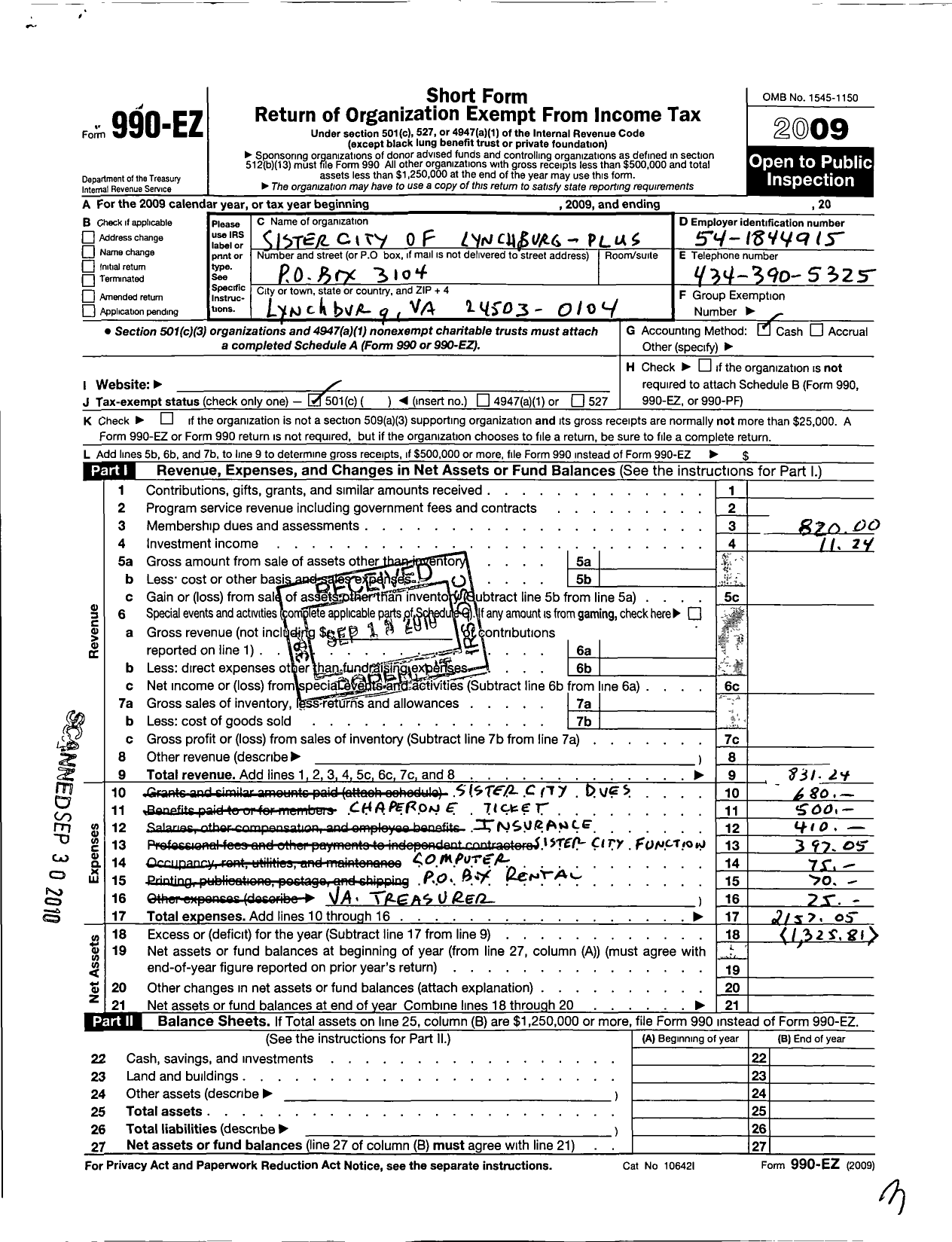 Image of first page of 2009 Form 990EO for Sister City of Lynchburg Plus