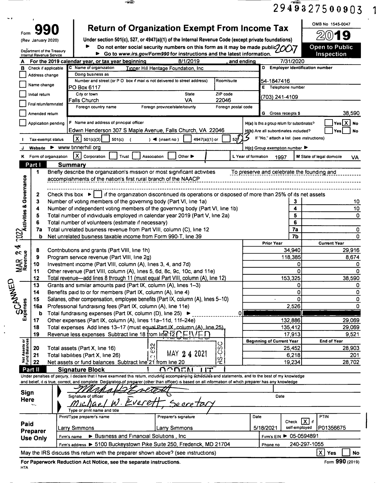 Image of first page of 2019 Form 990 for Tinner Hill Heritage Foundation