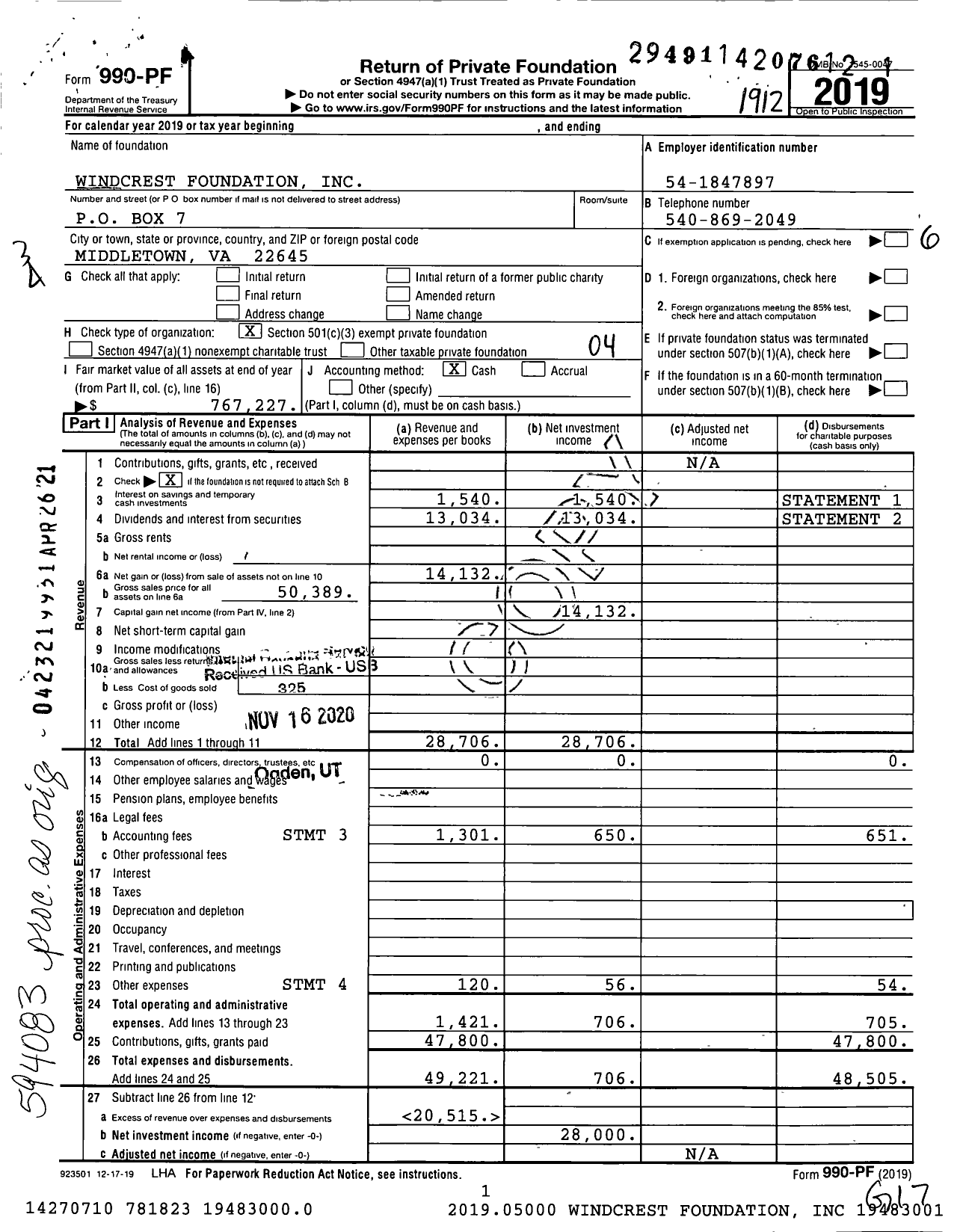 Image of first page of 2019 Form 990PF for Windcrest Foundation