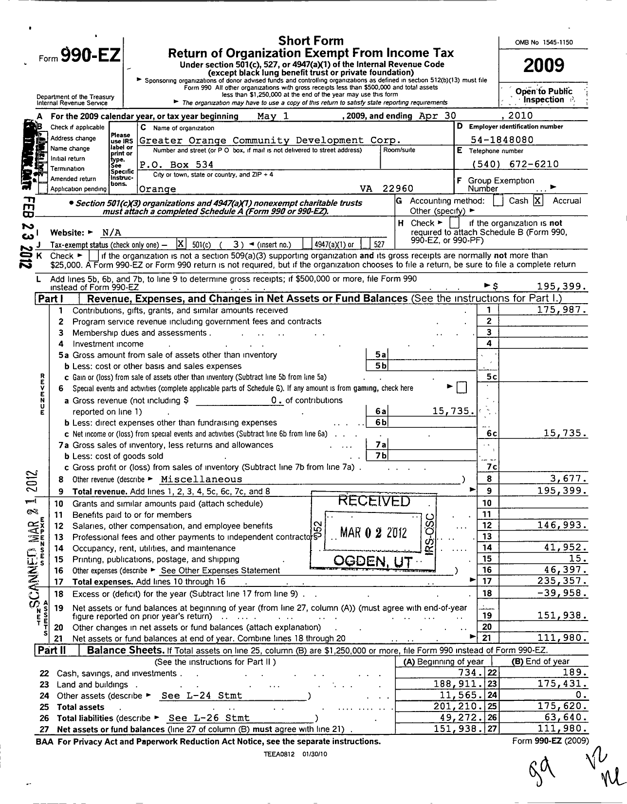 Image of first page of 2009 Form 990EZ for Greater Orange Community Development Corporation