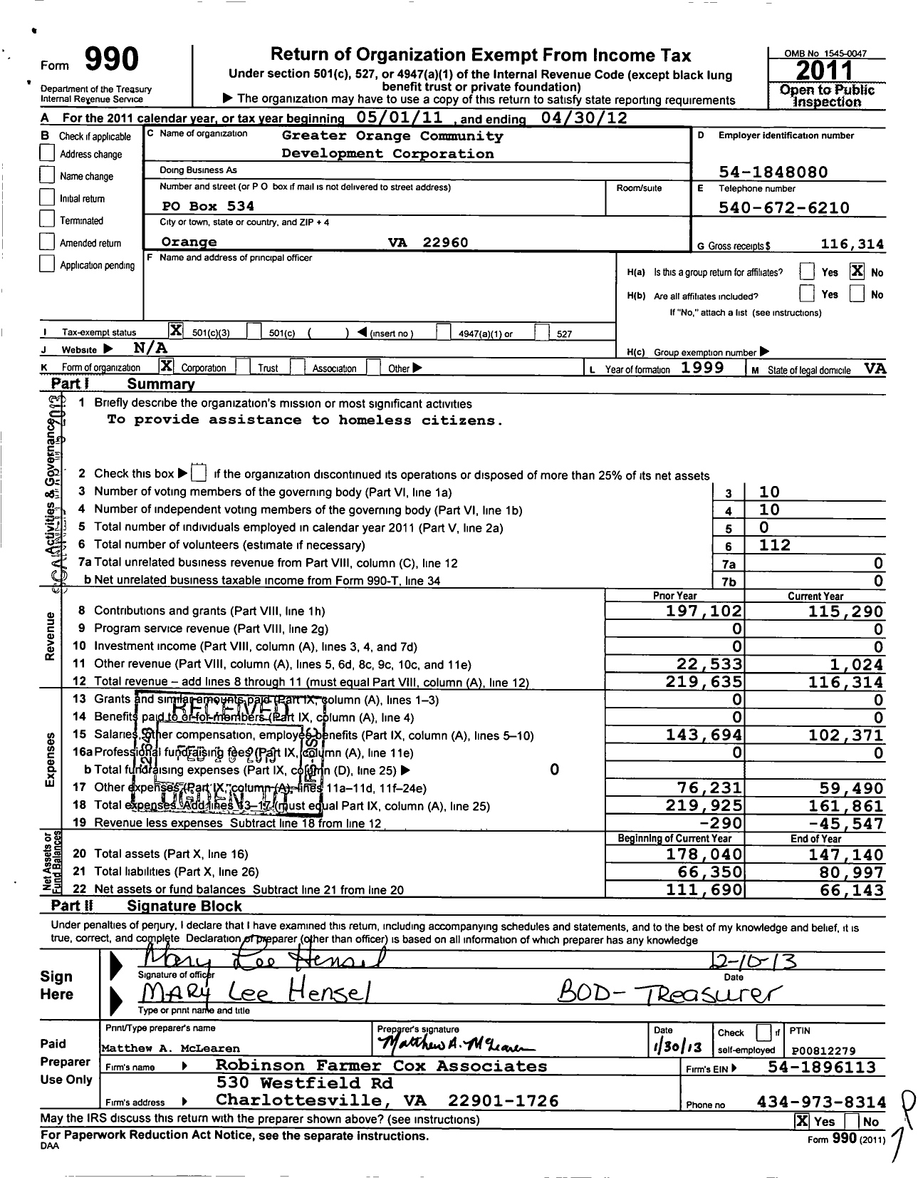 Image of first page of 2011 Form 990 for Greater Orange Community Development Corporation