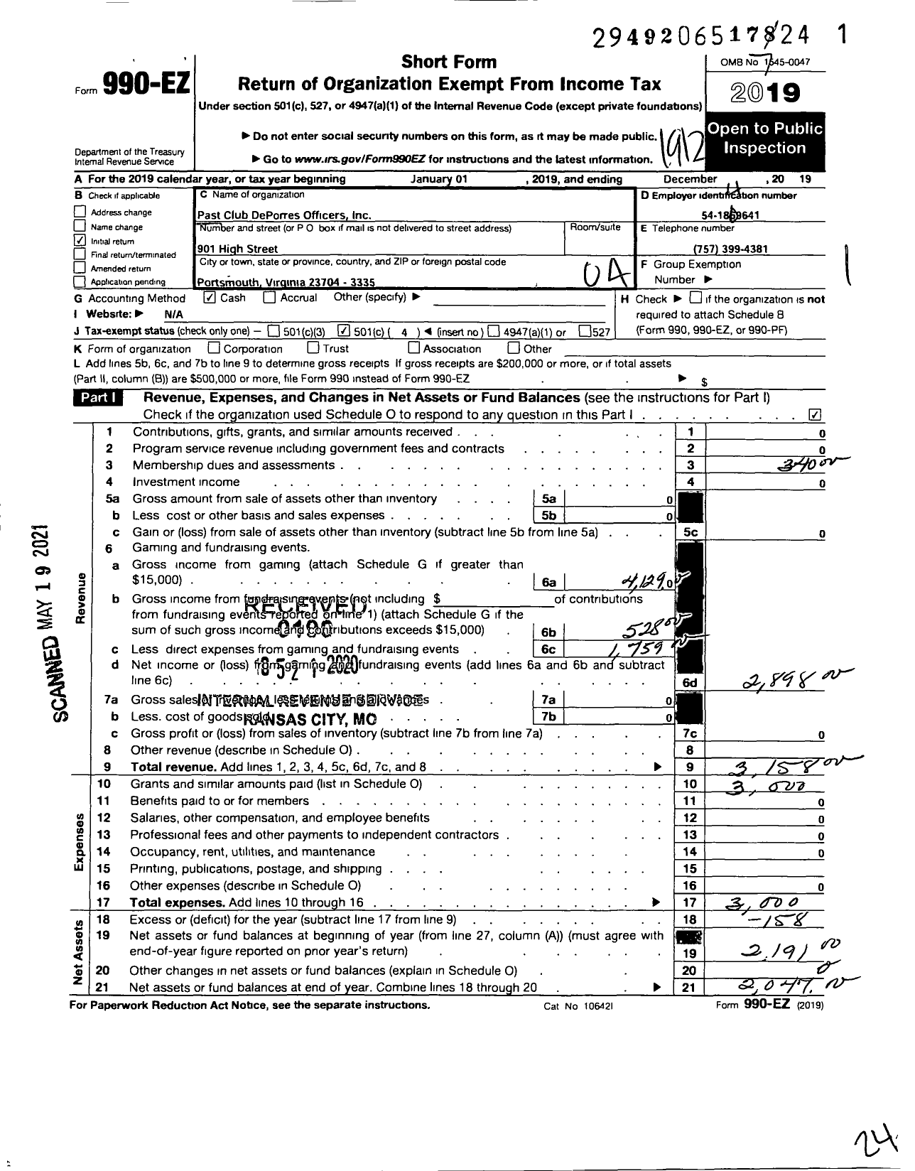 Image of first page of 2019 Form 990EO for Past Club Deporres Officers Incorporation