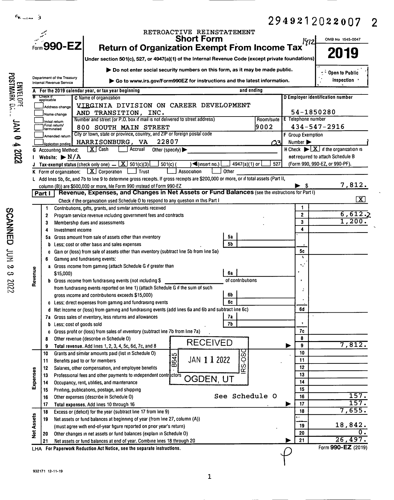 Image of first page of 2019 Form 990EZ for Virginia Division on Career Development and Transition