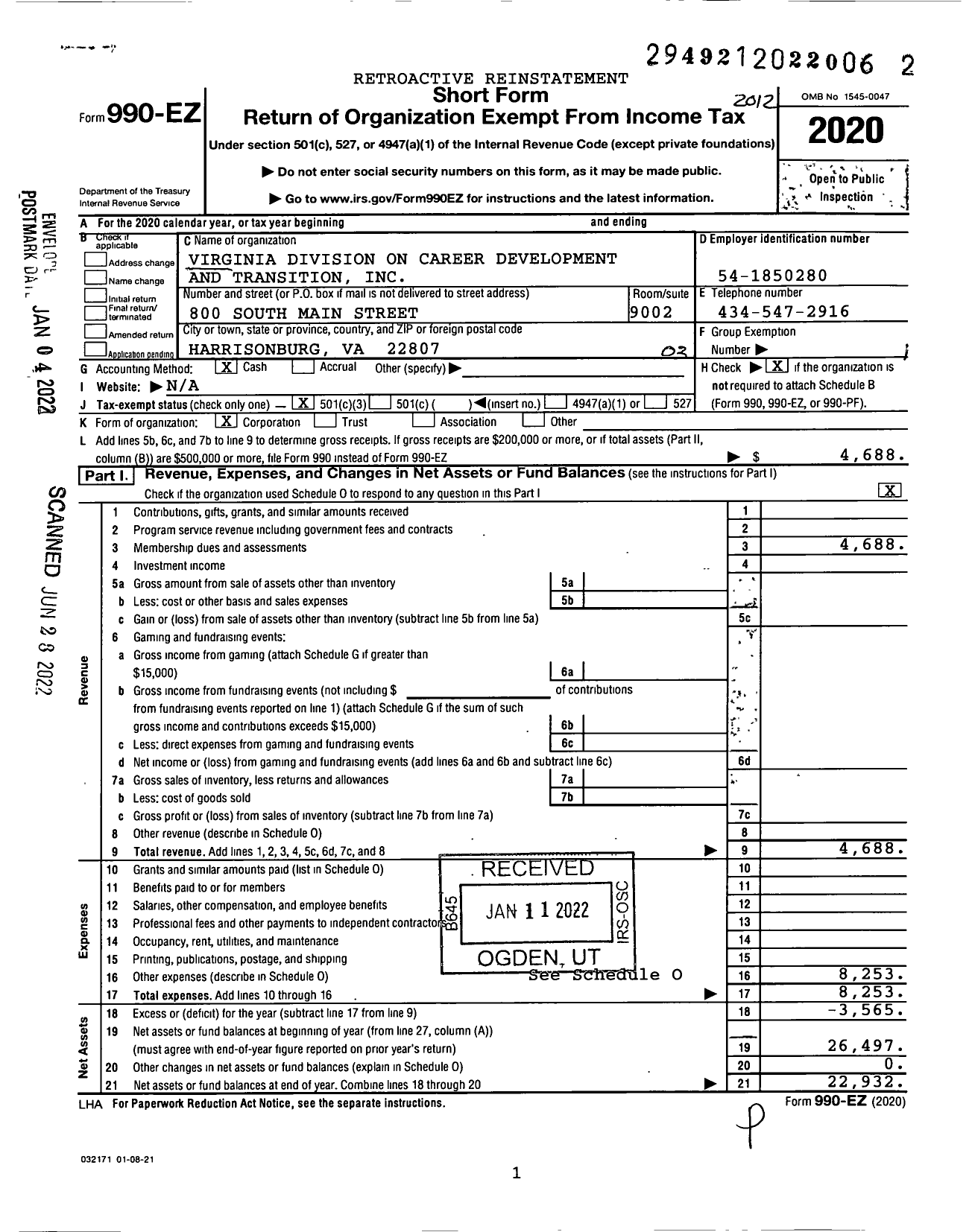 Image of first page of 2020 Form 990EZ for Virginia Division on Career Development and Transition