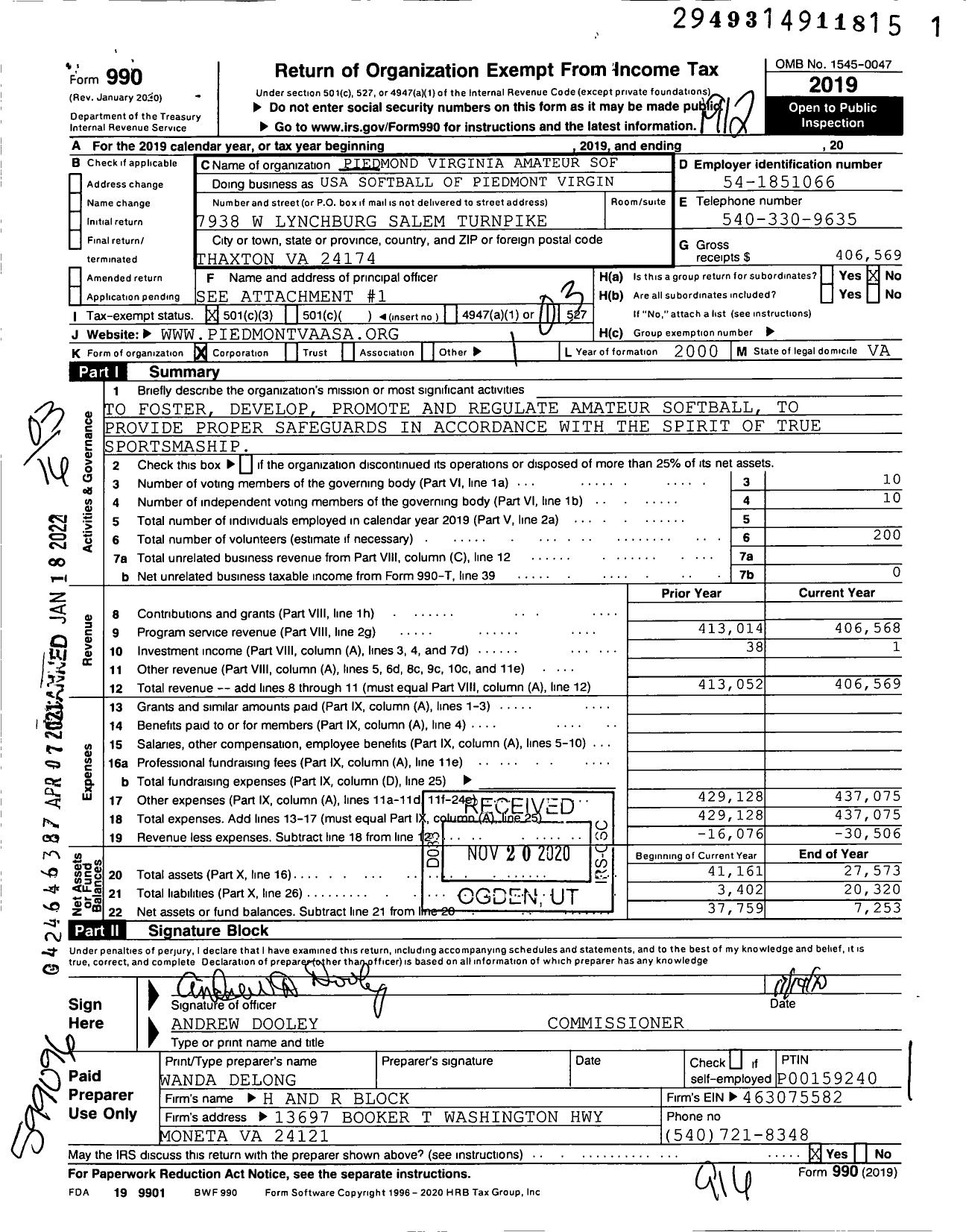 Image of first page of 2019 Form 990 for USA Amateur Softball
