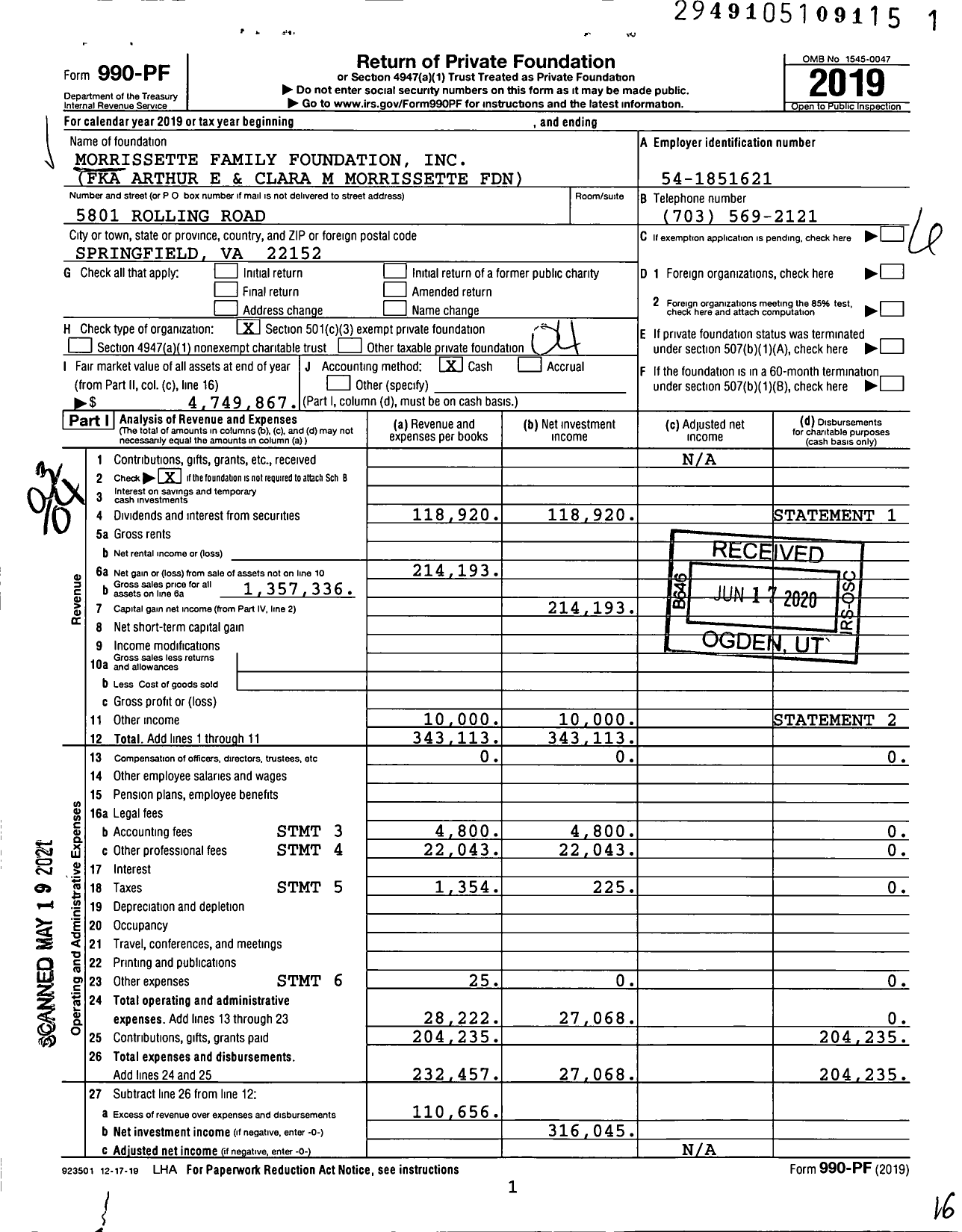 Image of first page of 2019 Form 990PF for Morrissette Family Foundation