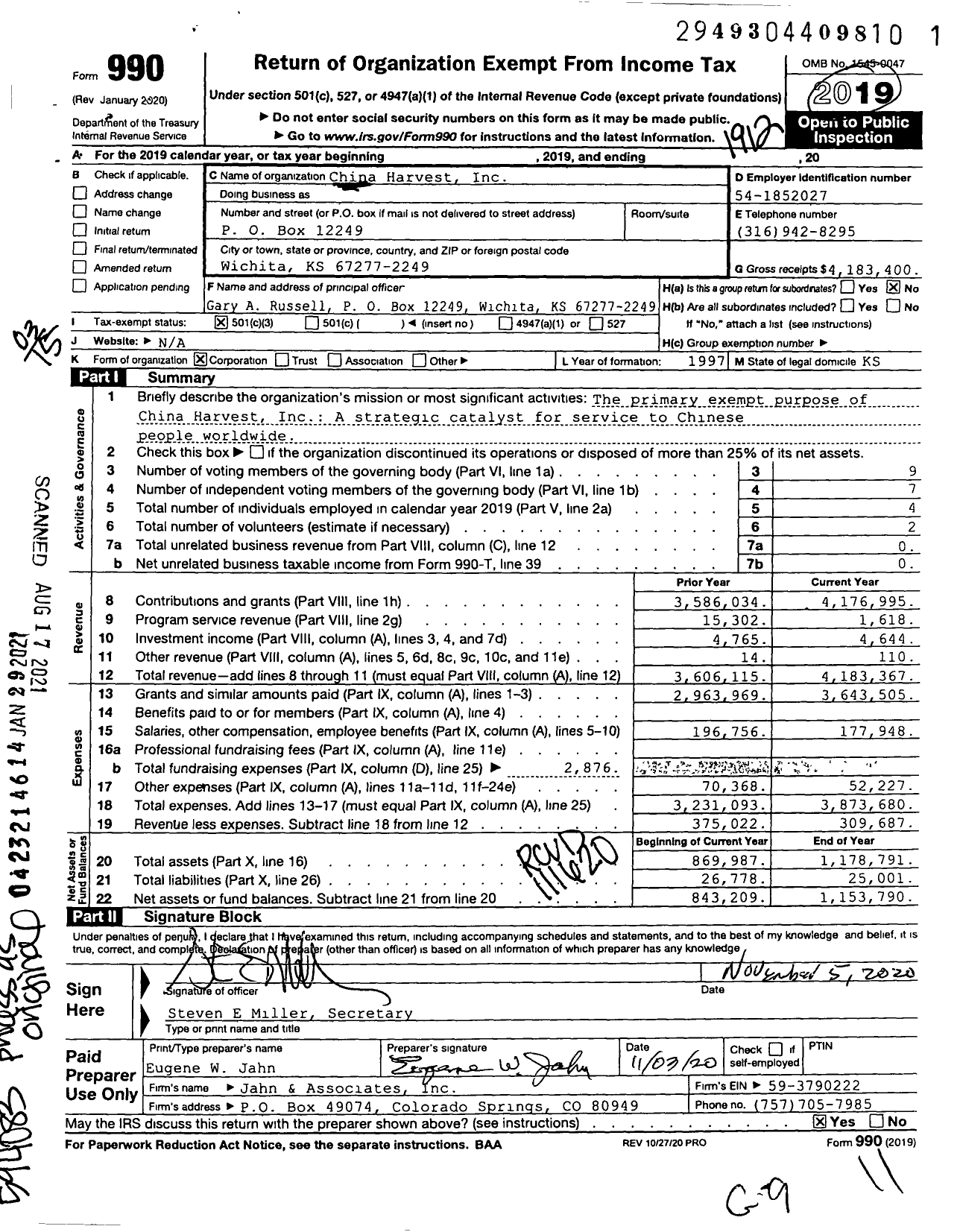 Image of first page of 2019 Form 990 for China Harvest