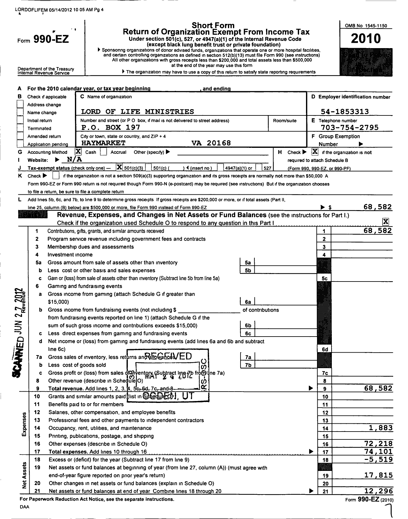 Image of first page of 2010 Form 990EZ for Lord of Life Ministries