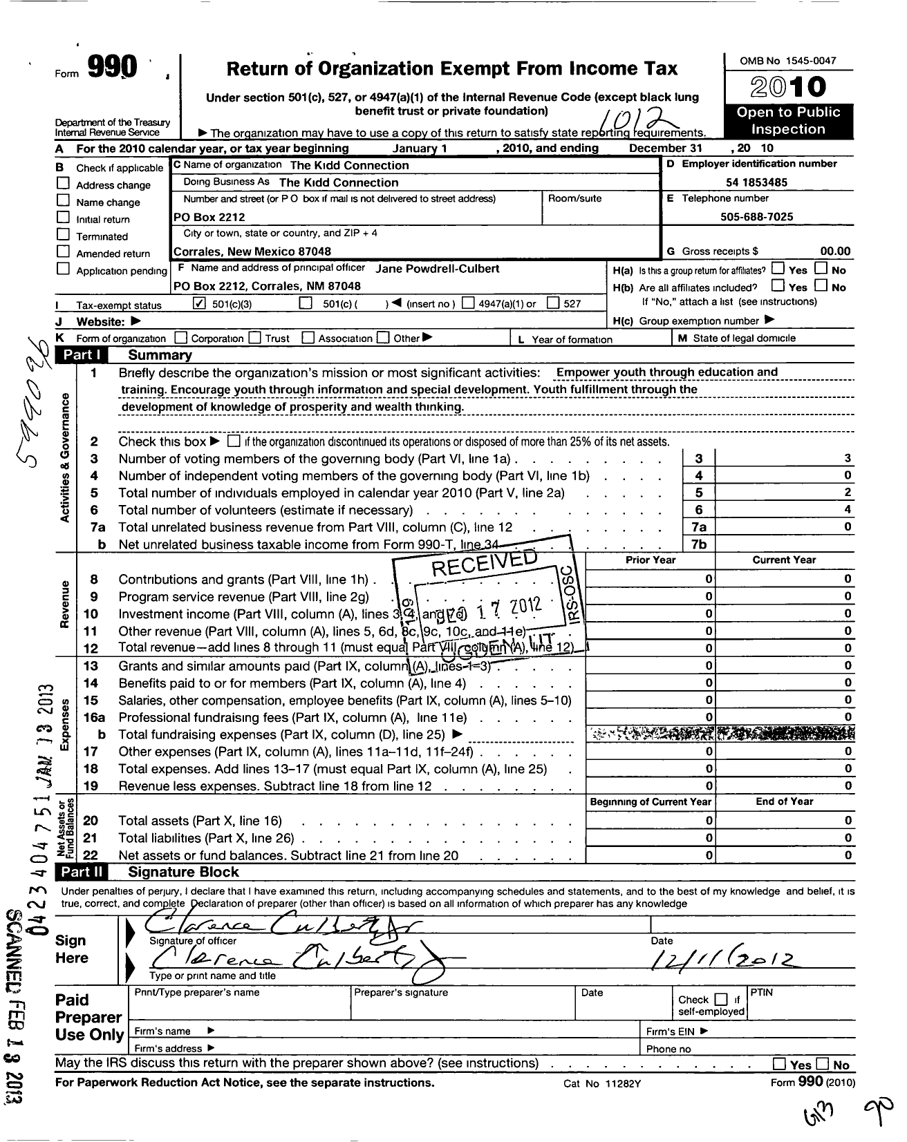 Image of first page of 2010 Form 990 for Kidd Connection