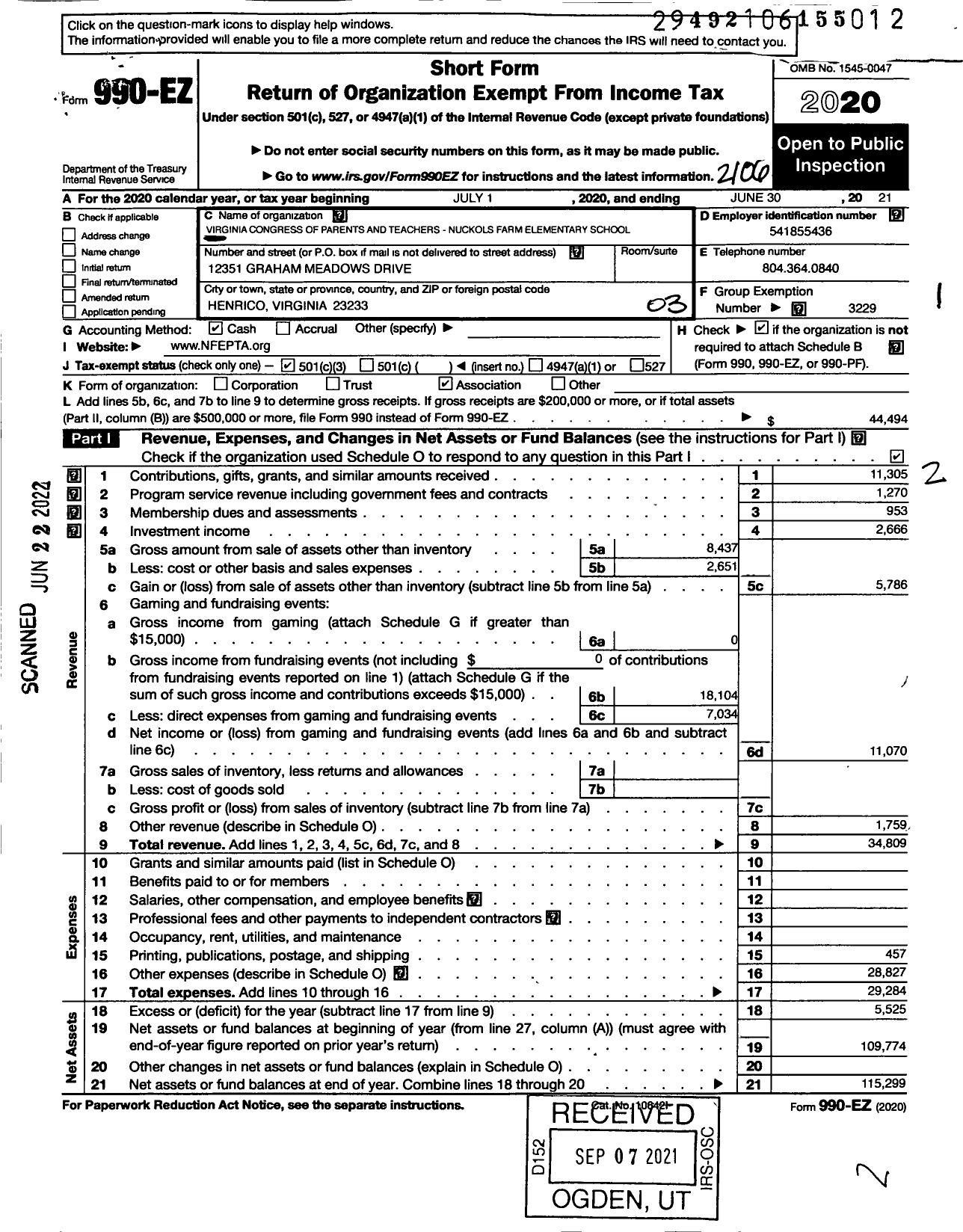 Image of first page of 2020 Form 990EZ for Virginia PTA - Nuckols Farm Elementary PTA
