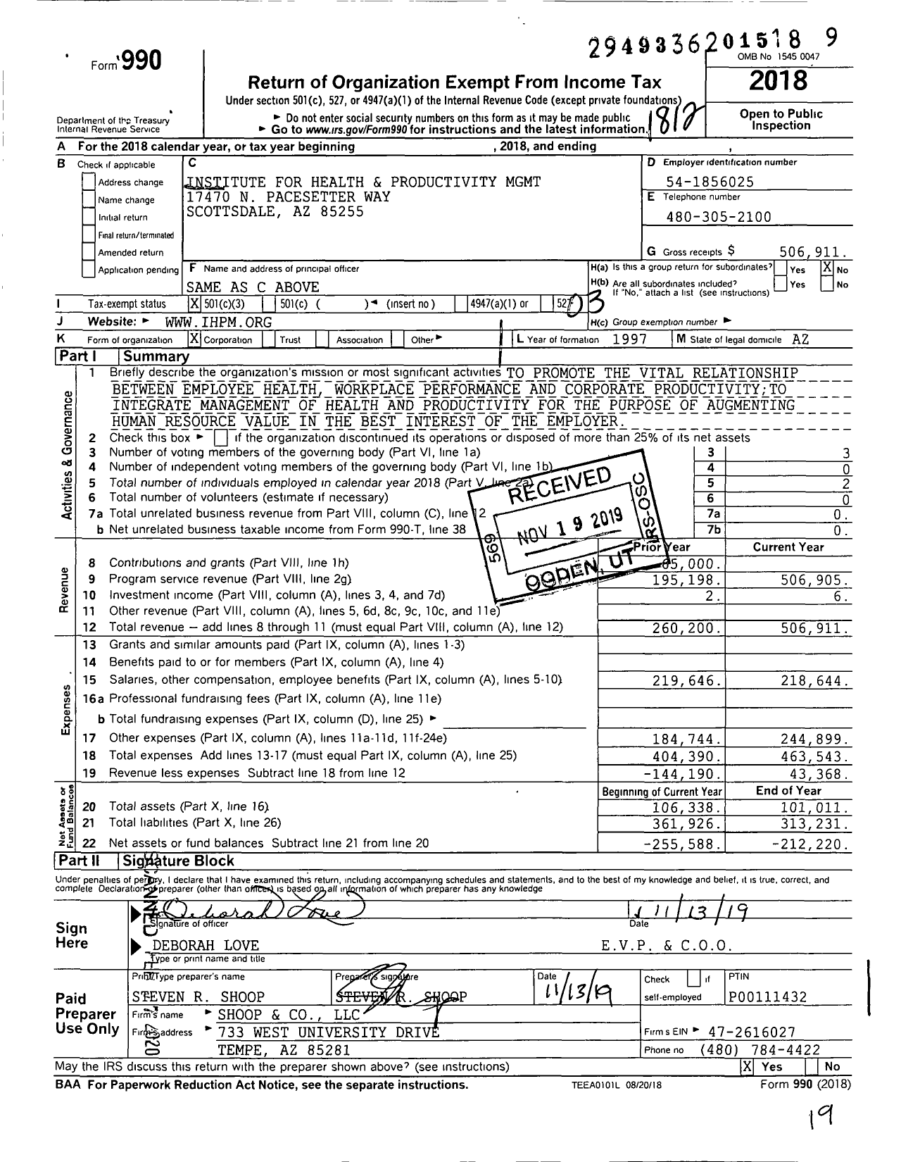 Image of first page of 2018 Form 990 for Institute for Health and Productivity MGMT