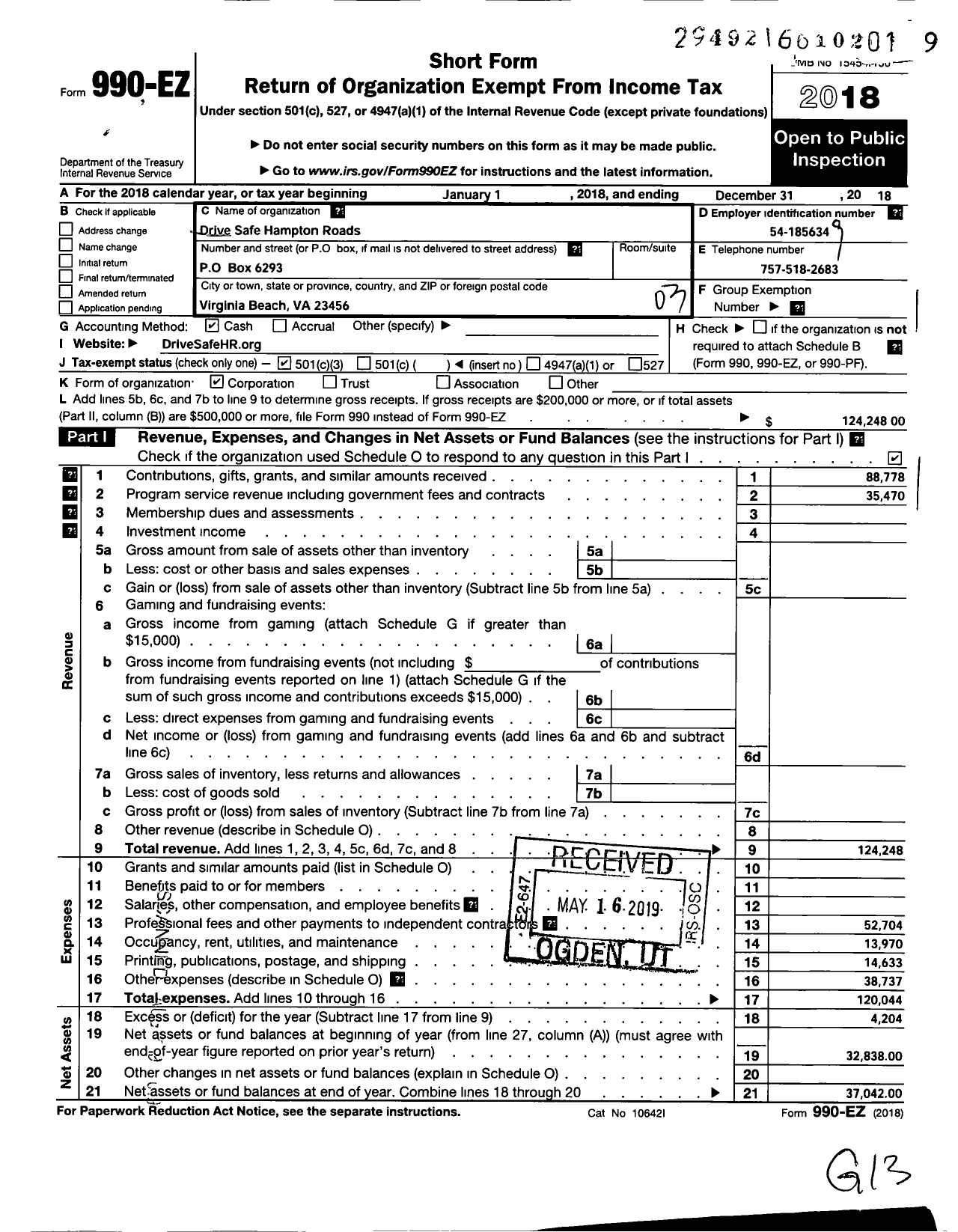 Image of first page of 2018 Form 990EZ for Drive Safe Hampton Roads Inc Drive Safe Hampton Roads
