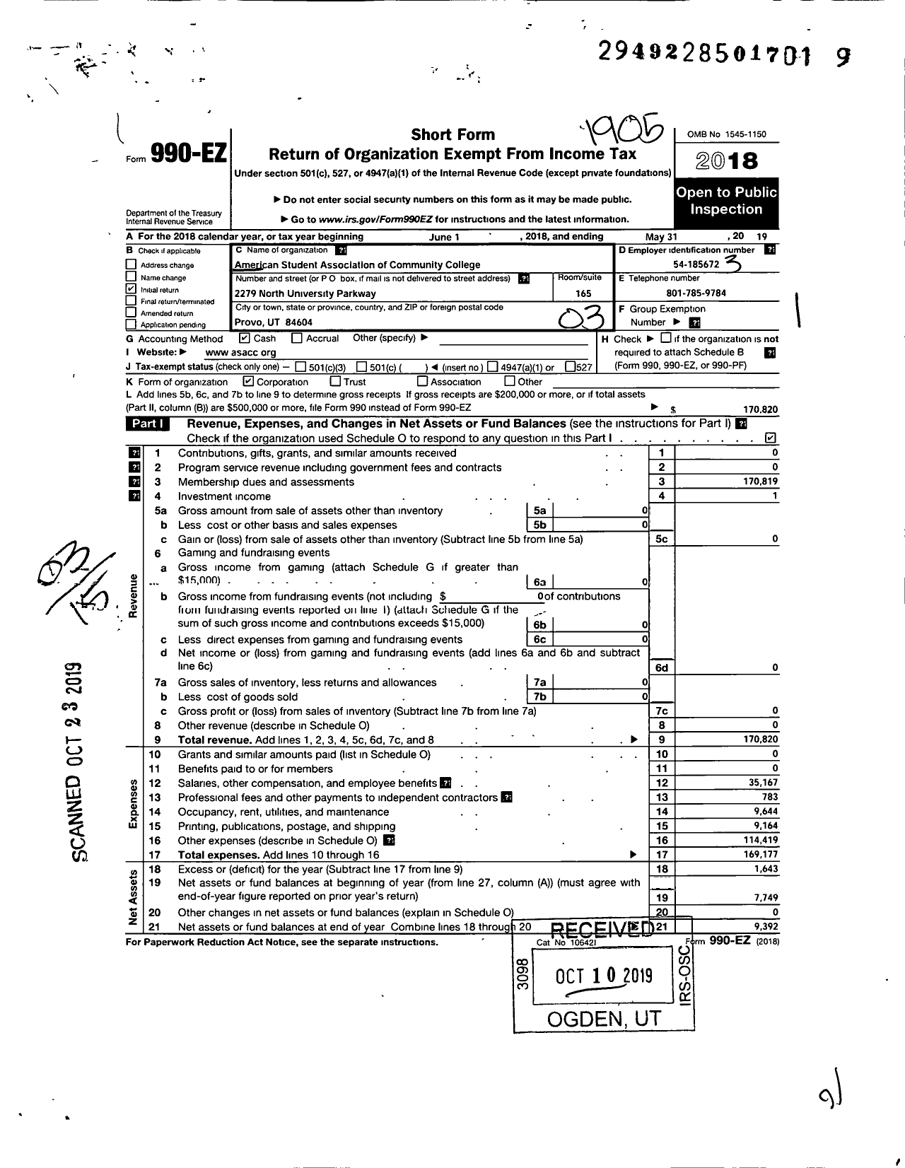 Image of first page of 2018 Form 990EZ for American Student Association of Community Colleges (ASACC)