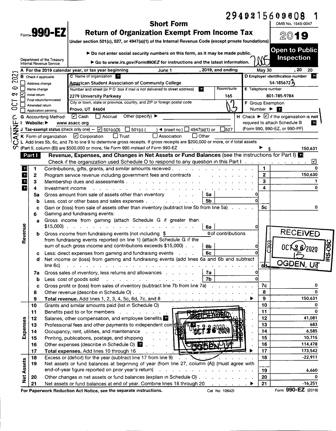 Image of first page of 2019 Form 990EZ for American Student Association of Community Colleges (ASACC)