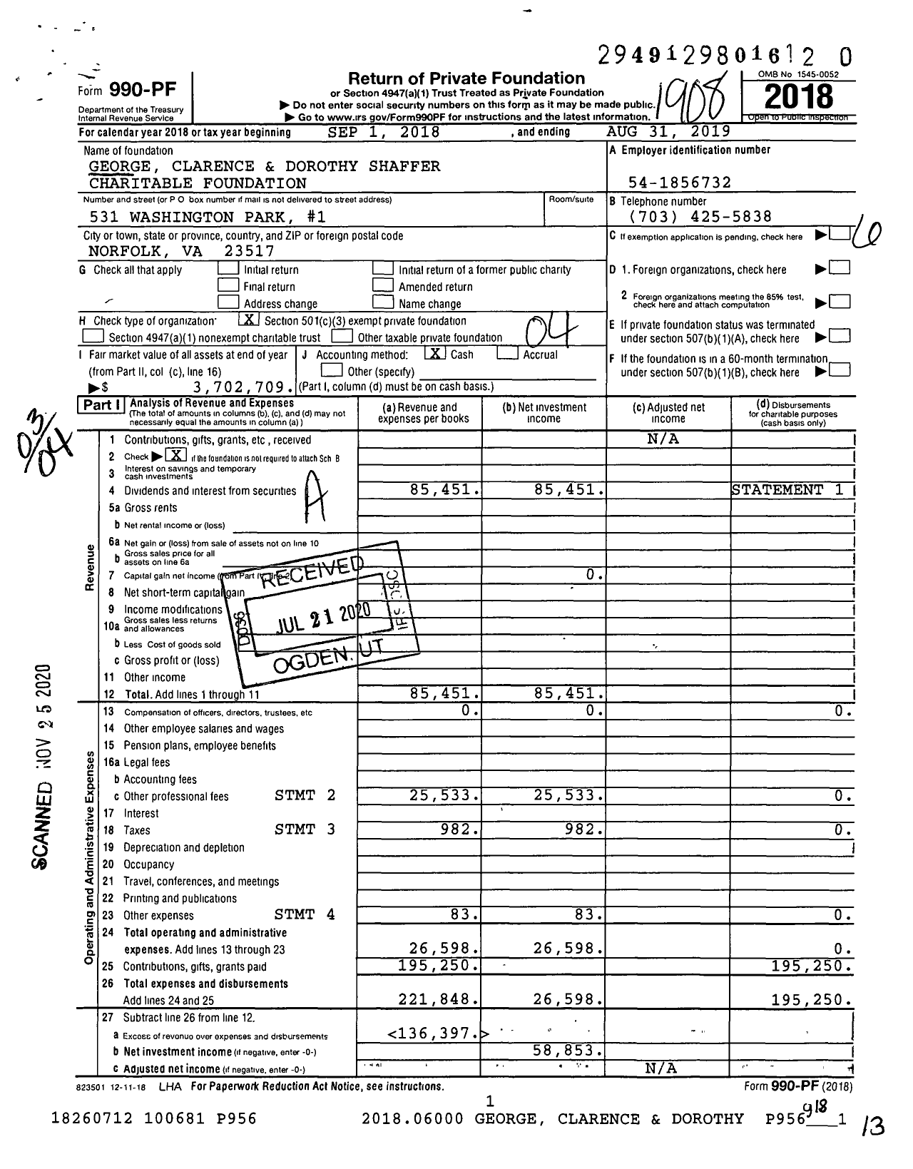 Image of first page of 2018 Form 990PF for George Clarence and Dorothy Shaffer Charitable Foundation