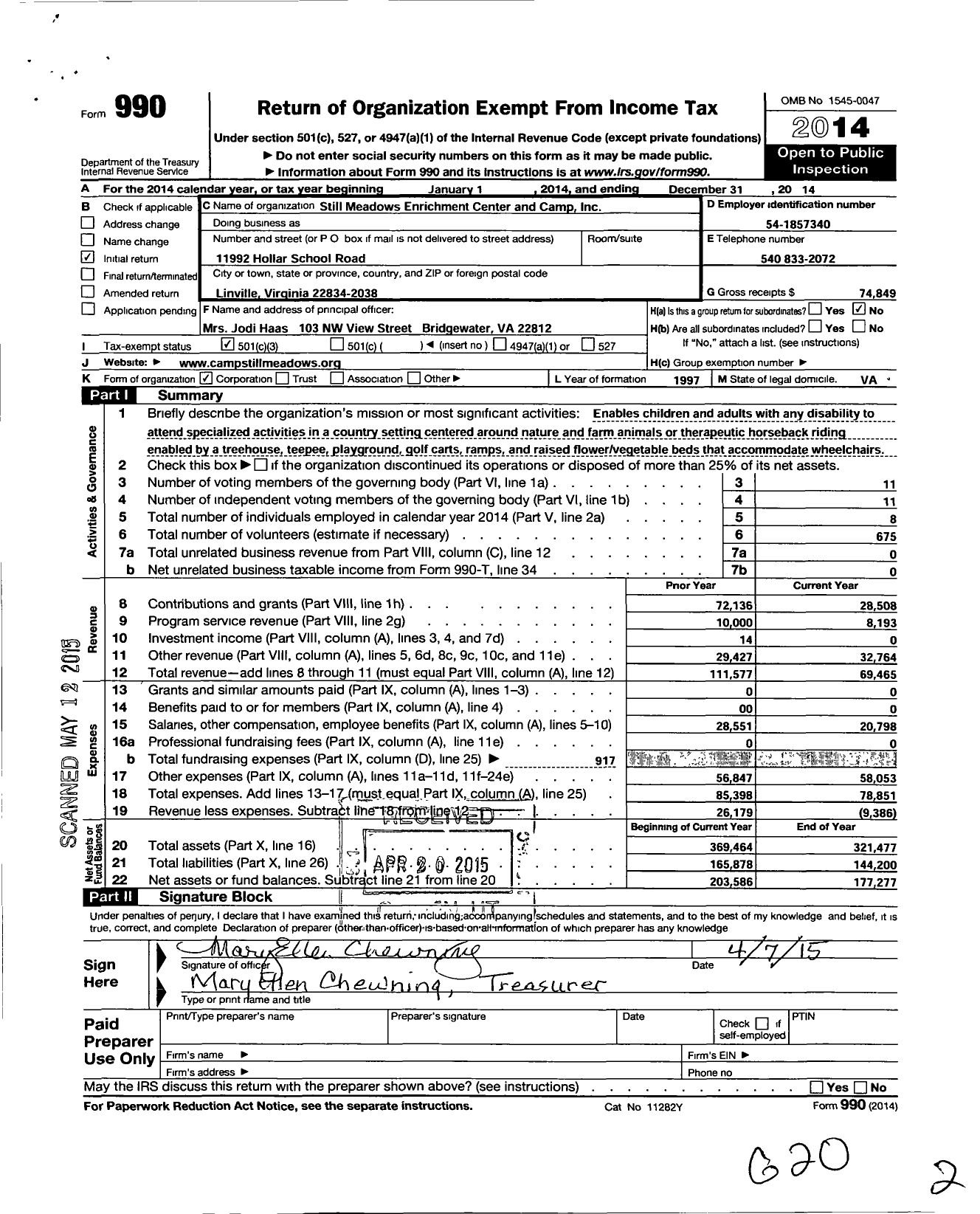 Image of first page of 2014 Form 990 for Still Meadows Enrichment Center and Camp