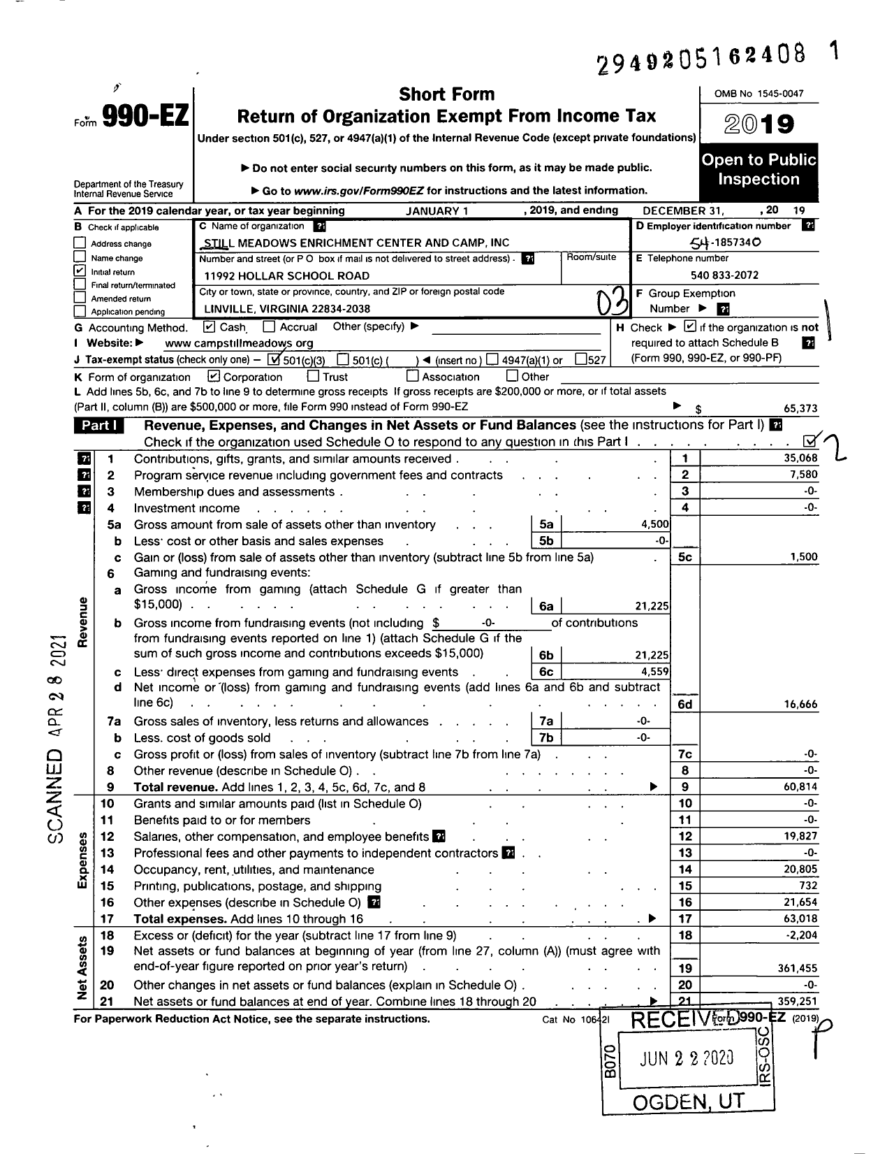 Image of first page of 2019 Form 990EZ for Still Meadows Enrichment Center and Camp