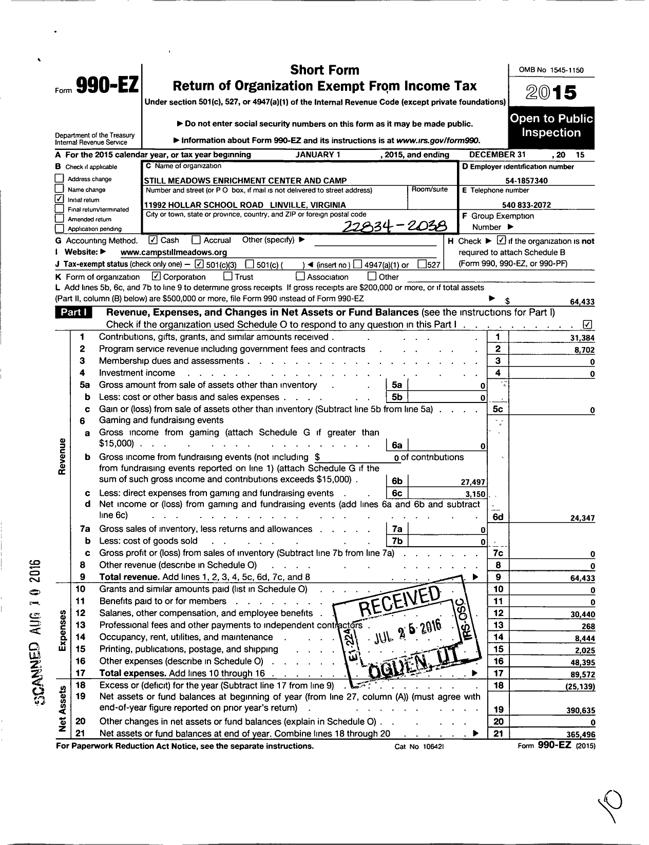 Image of first page of 2015 Form 990EZ for Still Meadows Enrichment Center & Camp