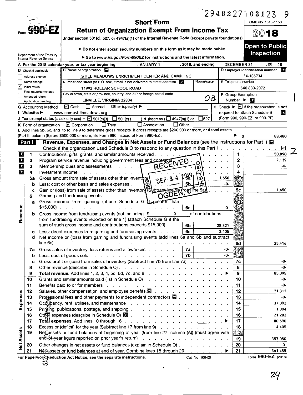 Image of first page of 2018 Form 990EZ for Still Meadows Enrichment Center and Camp