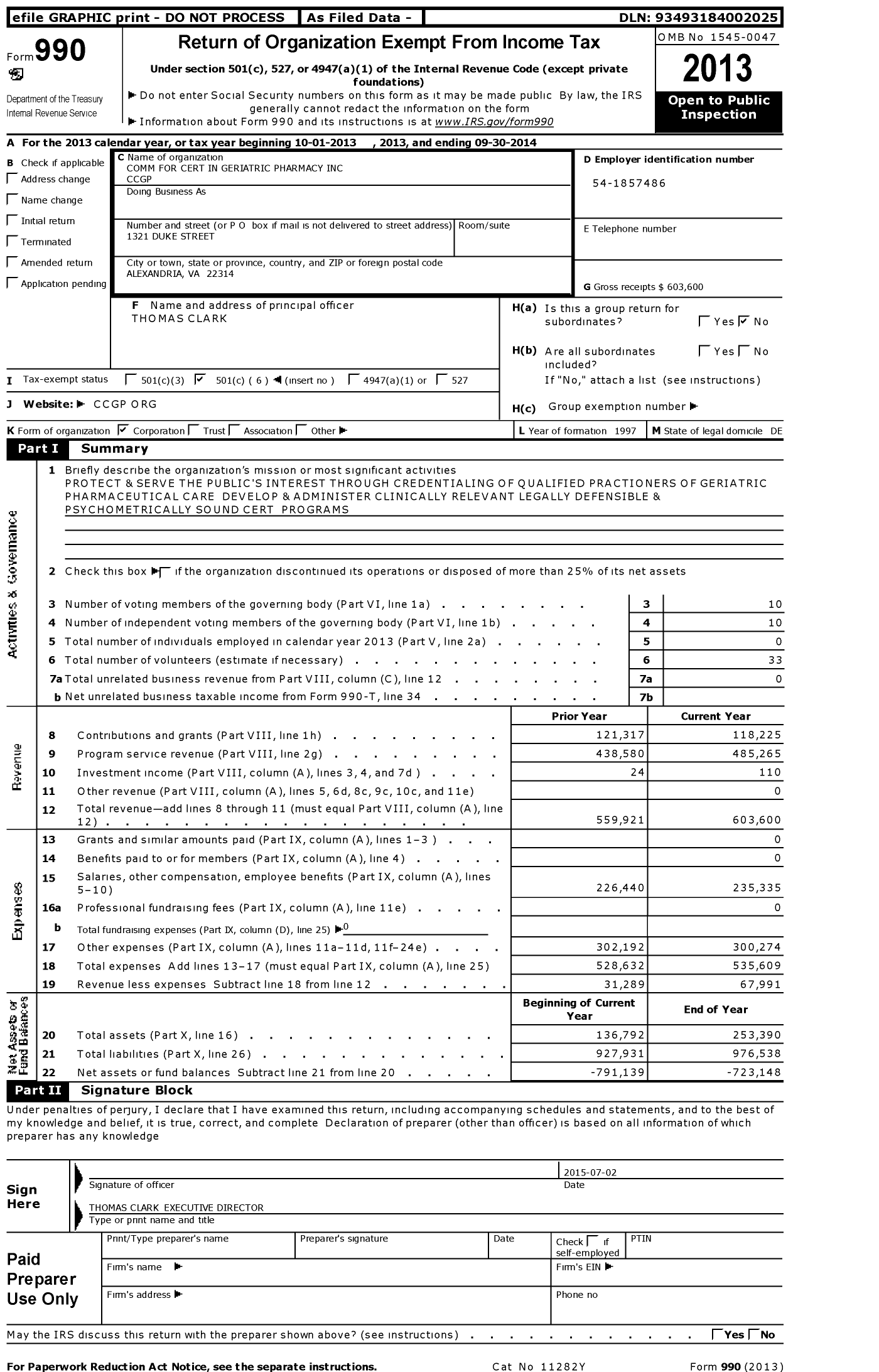 Image of first page of 2013 Form 990O for Commission for Certification in Geriatric Pharmacy (CCGP)