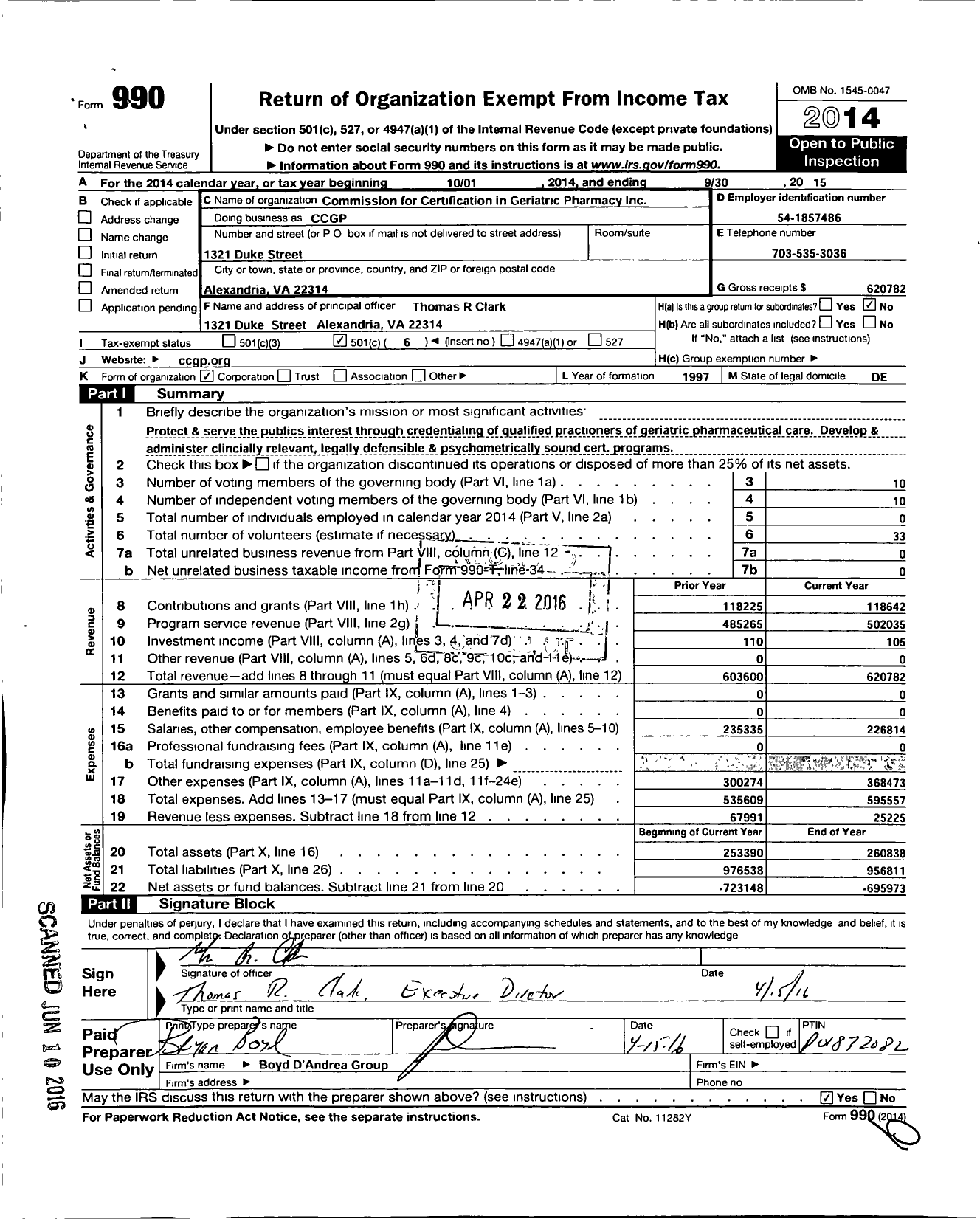 Image of first page of 2014 Form 990O for Commission for Certification in Geriatric Pharmacy (CCGP)