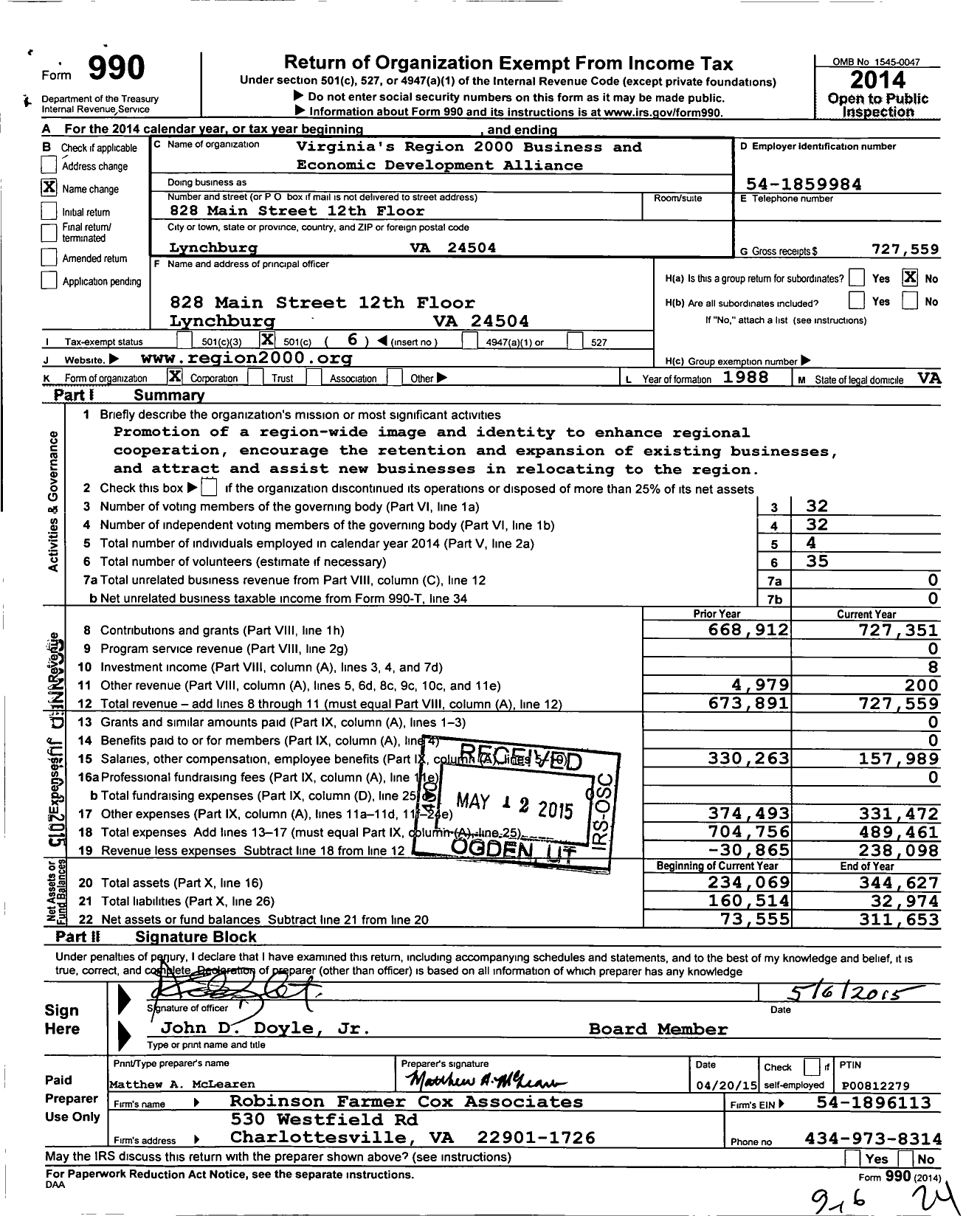 Image of first page of 2014 Form 990O for Virginia's Region 2000 Business and Economic Development Alliance