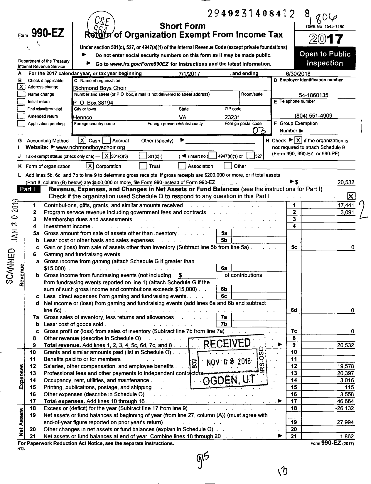 Image of first page of 2017 Form 990EZ for Richmond Boys Choir