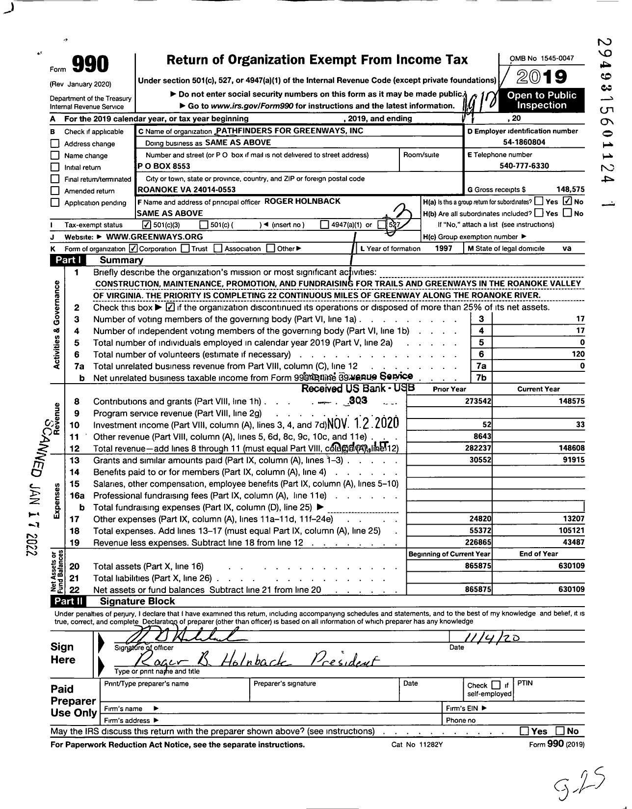 Image of first page of 2019 Form 990 for Pathfinders for Greenways