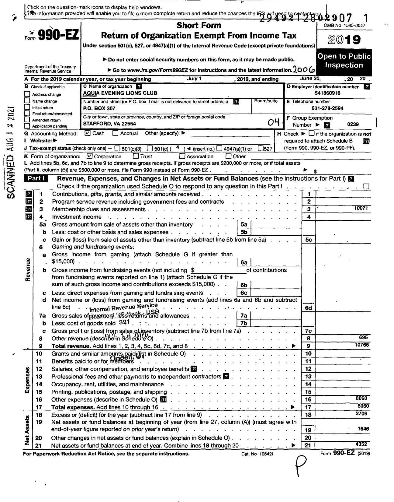 Image of first page of 2019 Form 990EO for Lions Clubs - 53035 Aquia Evening Va