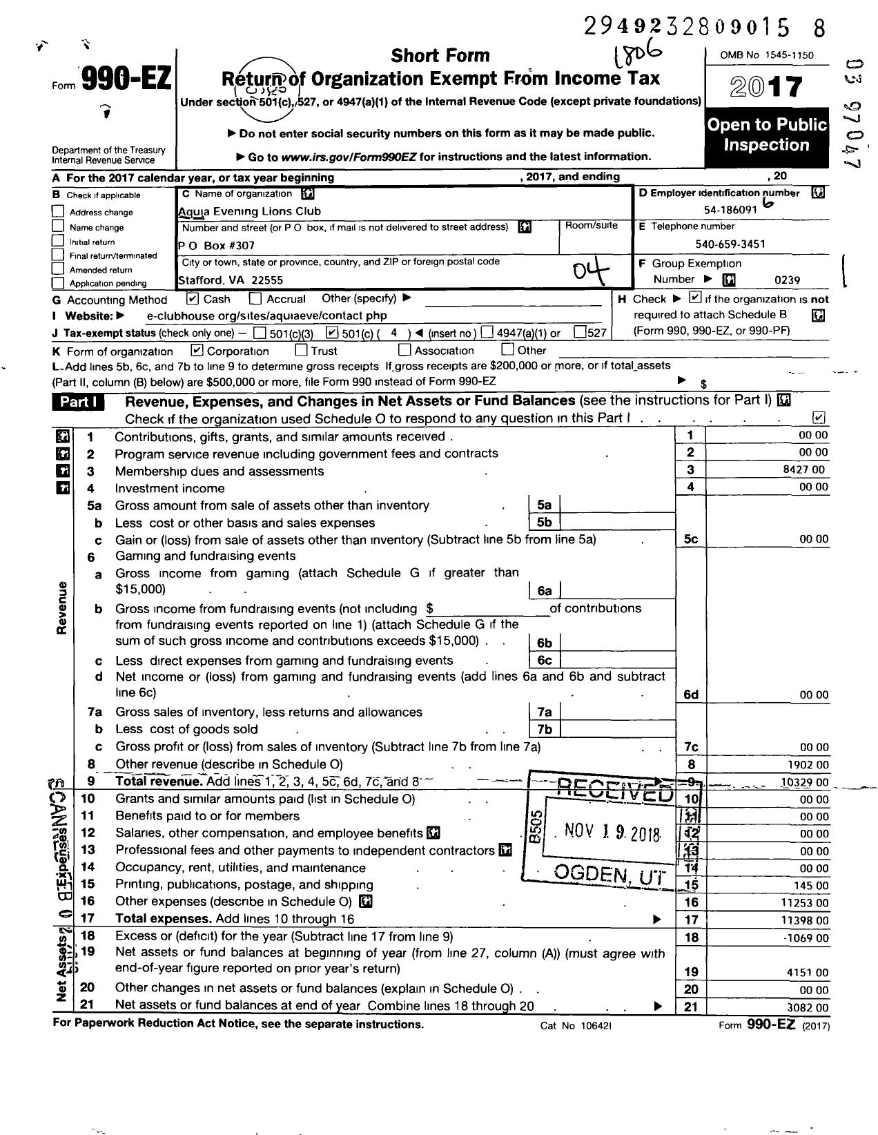 Image of first page of 2017 Form 990EO for Lions Clubs - 53035 Aquia Evening Va