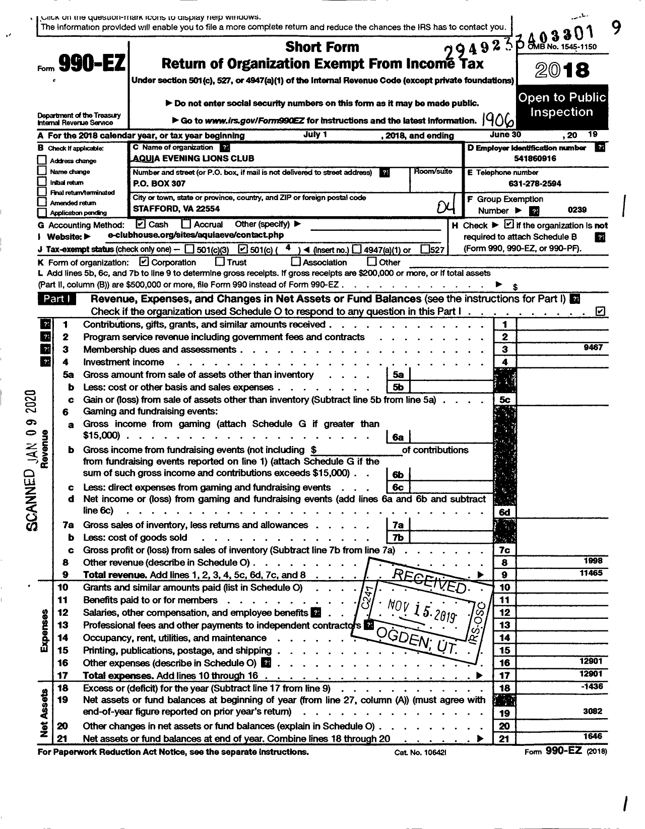 Image of first page of 2018 Form 990EO for Lions Clubs - 53035 Aquia Evening Va