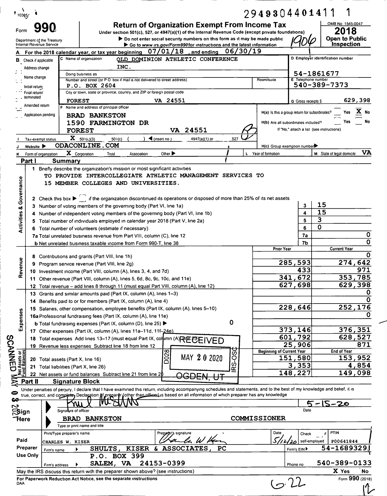 Image of first page of 2018 Form 990 for Old Dominion Athletic Conference