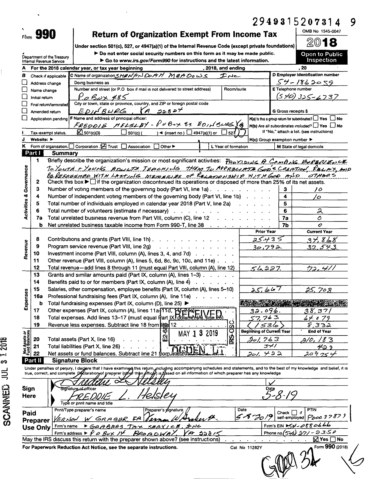 Image of first page of 2018 Form 990 for Shenandoah Meadows