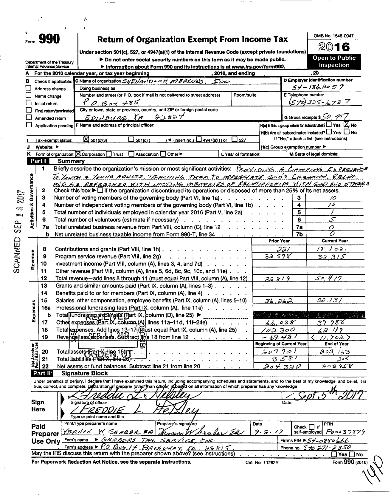 Image of first page of 2016 Form 990 for Shenandoah Meadows