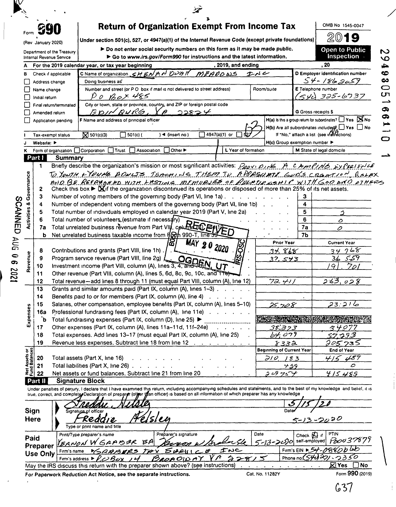 Image of first page of 2019 Form 990 for Shenandoah Meadows