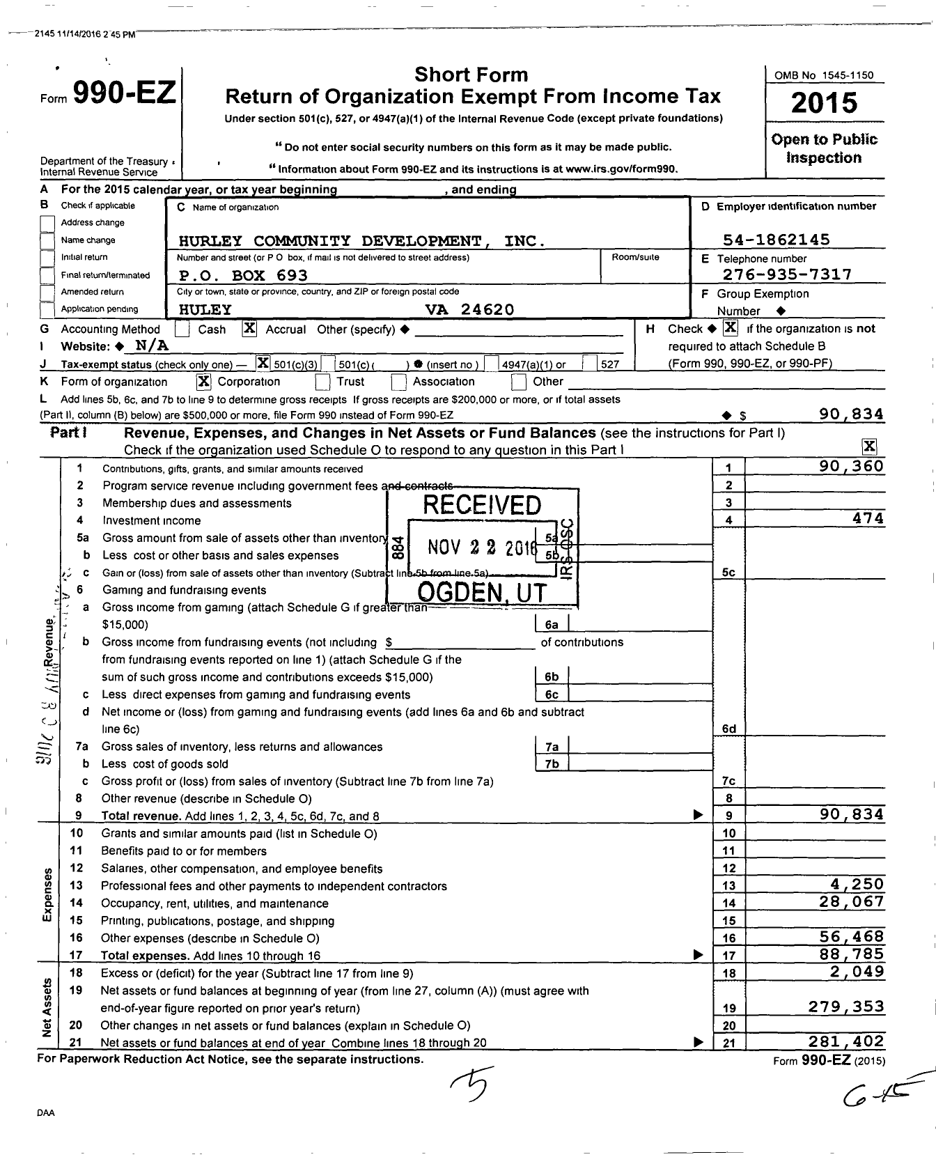 Image of first page of 2015 Form 990EZ for Hurley Community Development