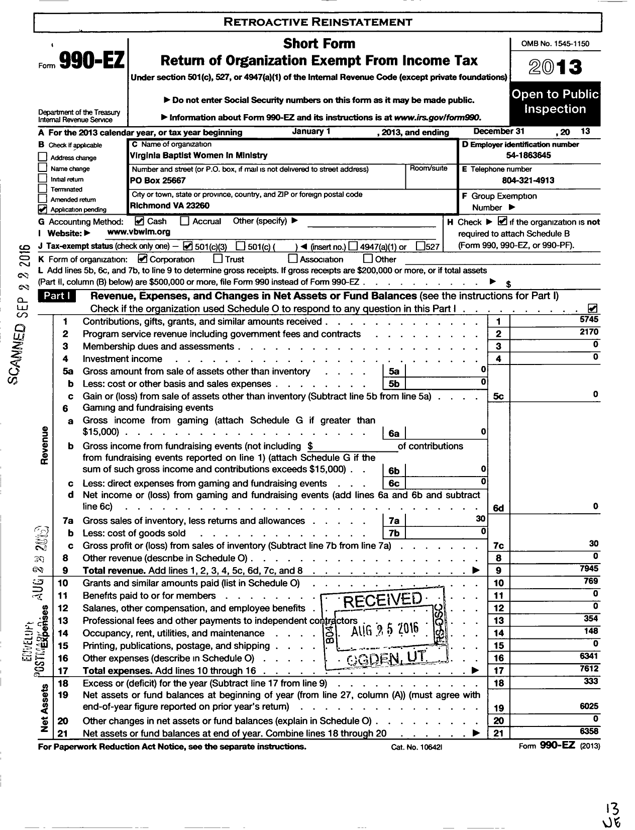 Image of first page of 2013 Form 990EZ for Virginia Baptist Women in Ministry