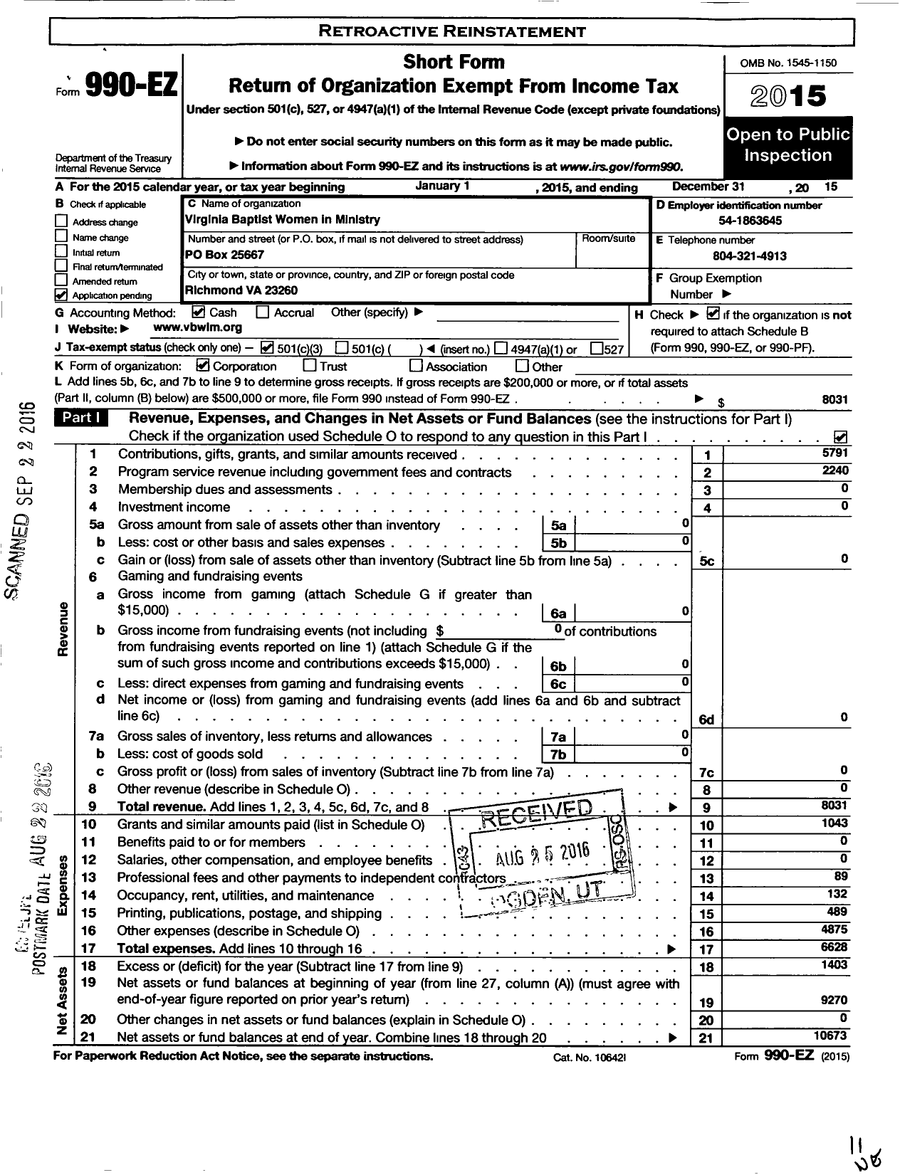 Image of first page of 2015 Form 990EZ for Virginia Baptist Women in Ministry