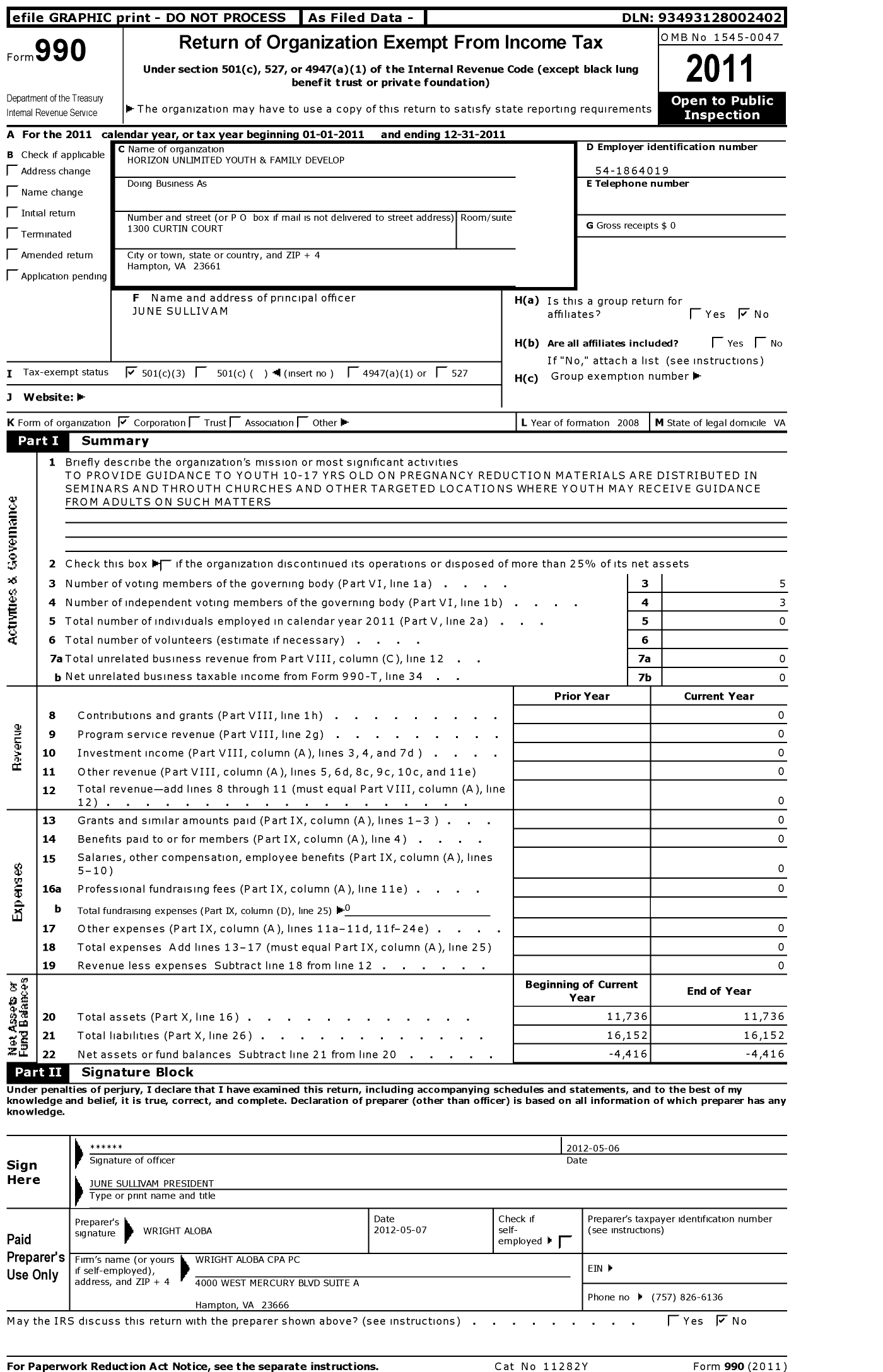 Image of first page of 2011 Form 990 for Horizon Unlimited Youth and Family Development