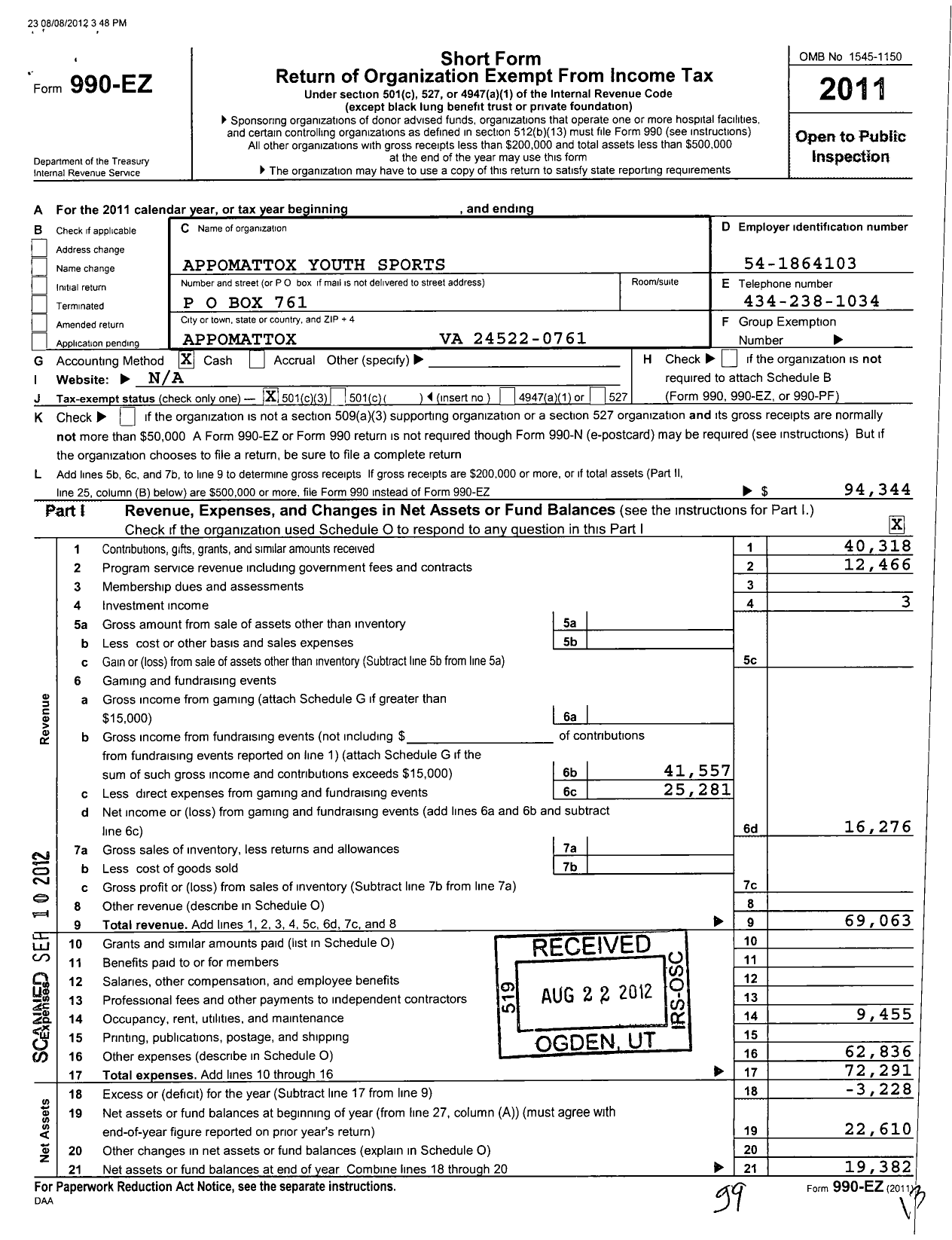 Image of first page of 2011 Form 990EZ for Appomattox Youth Sports