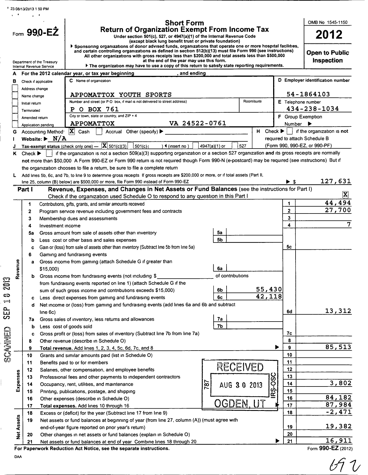 Image of first page of 2012 Form 990EZ for Appomattox Youth Sports