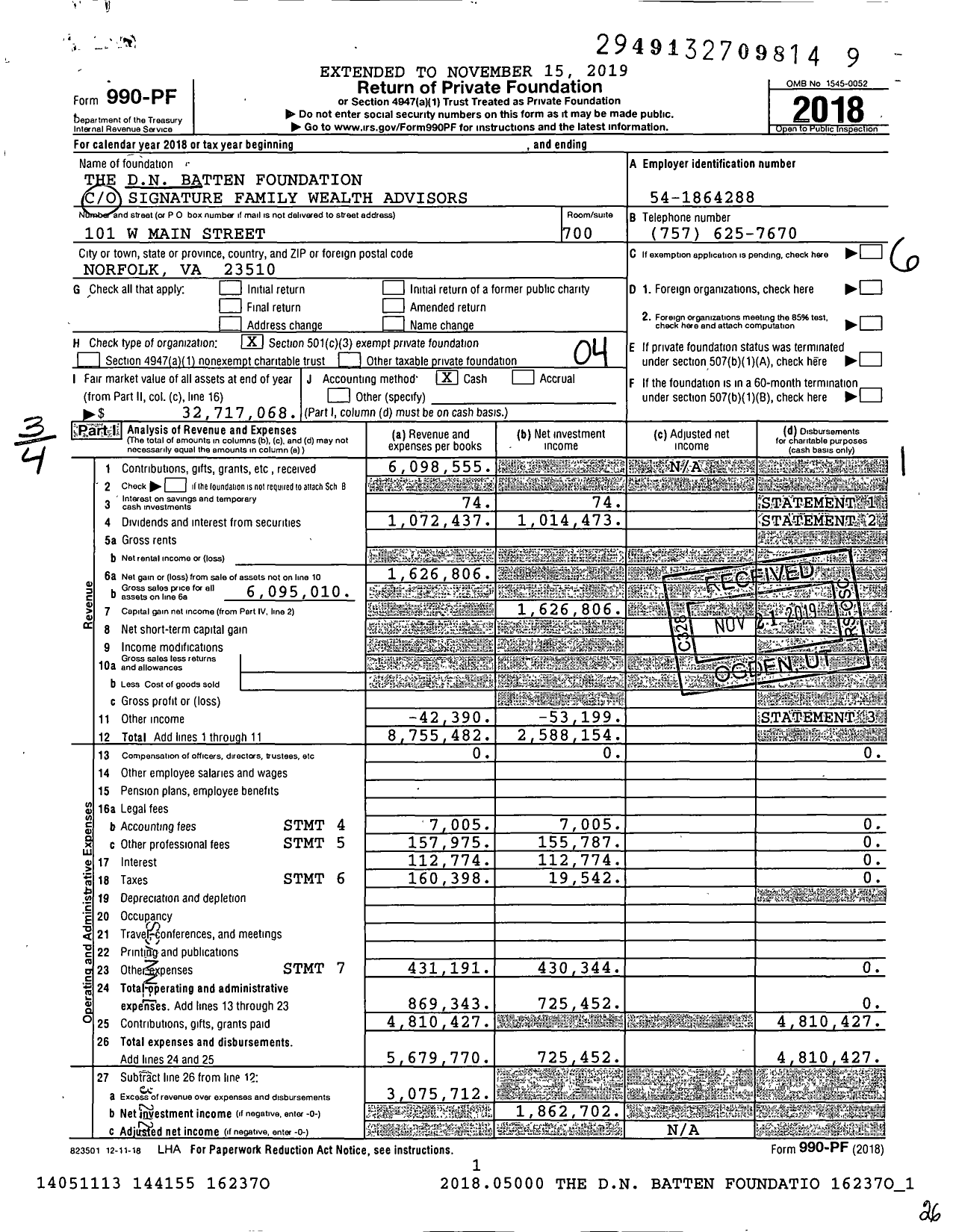 Image of first page of 2018 Form 990PF for The DN Batten Foundation