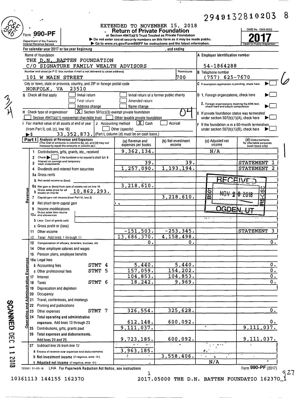 Image of first page of 2017 Form 990PF for The DN Batten Foundation