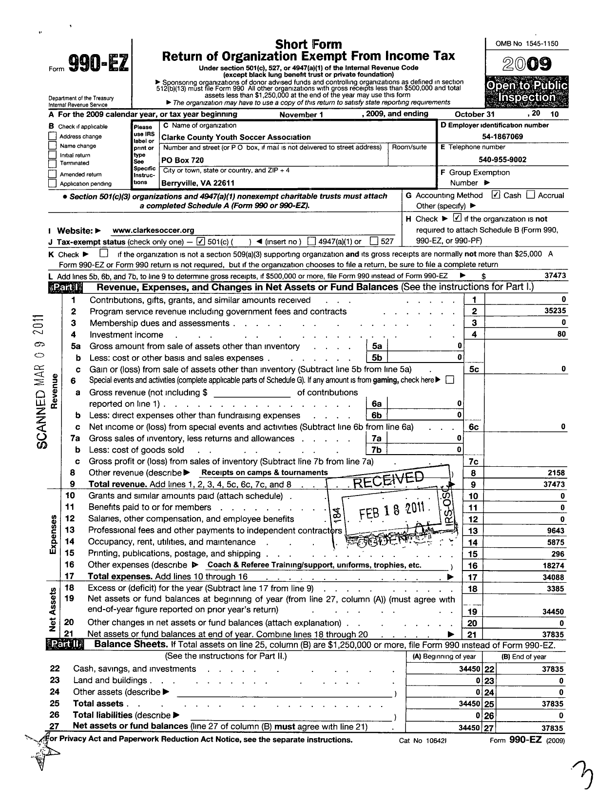 Image of first page of 2009 Form 990EO for Clarke County Soccer League