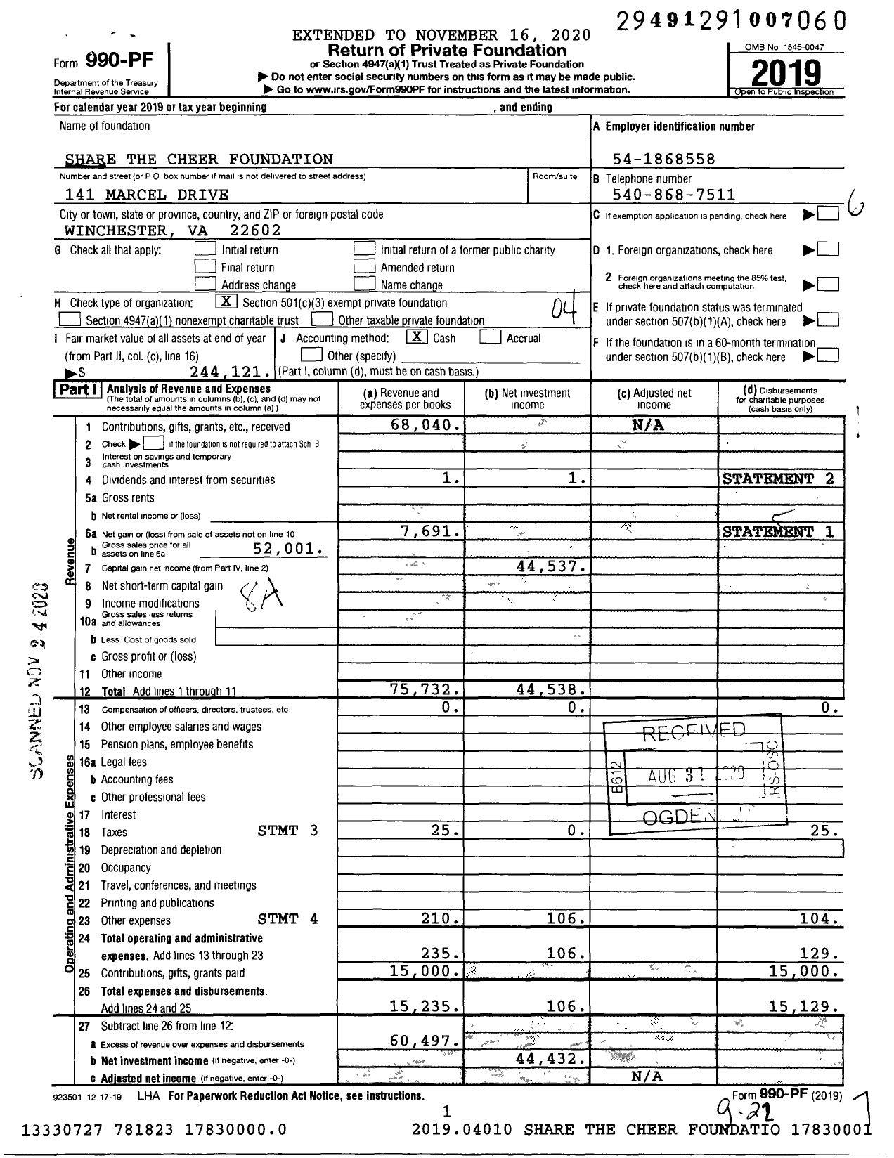 Image of first page of 2019 Form 990PF for Share the Cheer Foundation