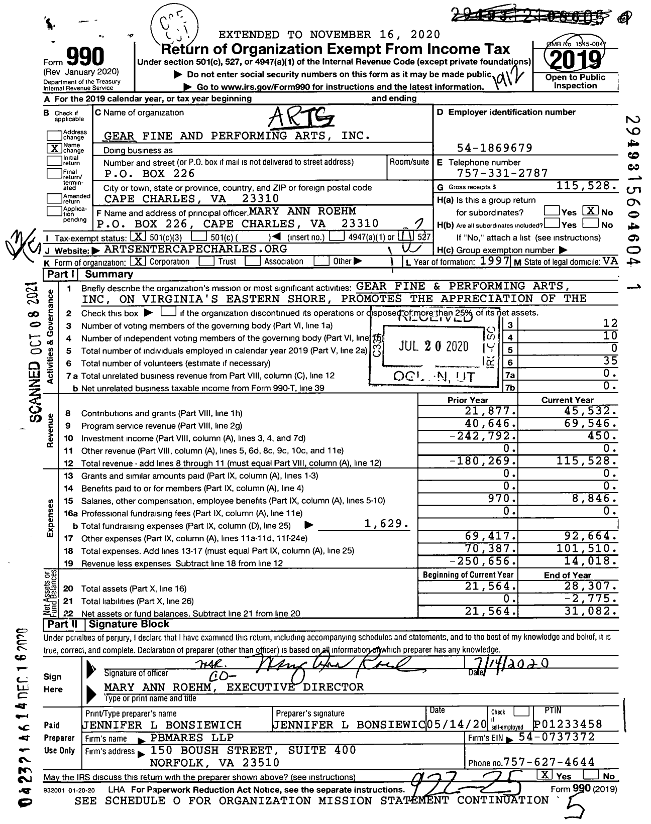 Image of first page of 2019 Form 990 for Arts Enter Cape Charles