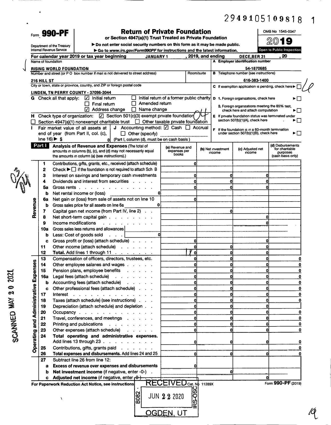 Image of first page of 2019 Form 990PF for Rising World Foundation