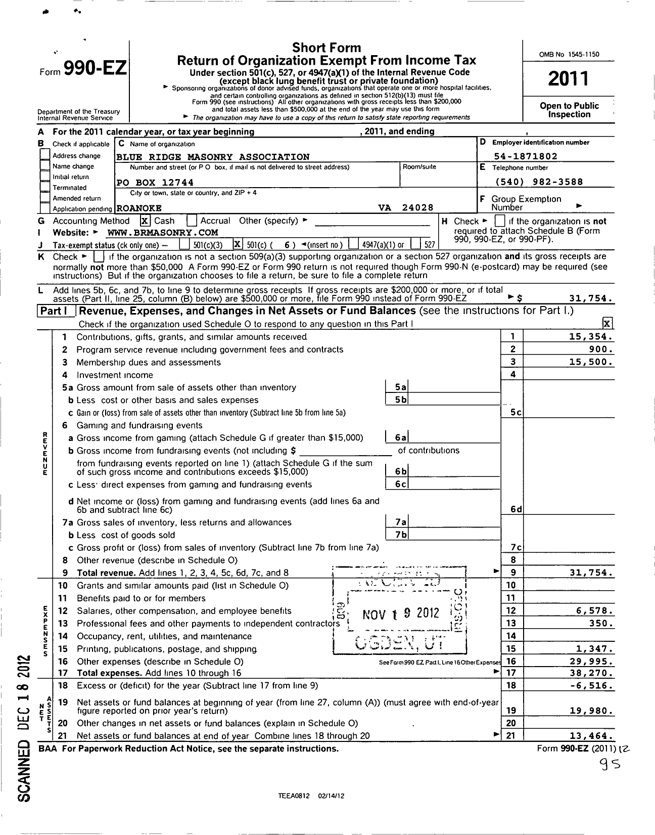 Image of first page of 2011 Form 990EO for Blue Ridge Masonry Association