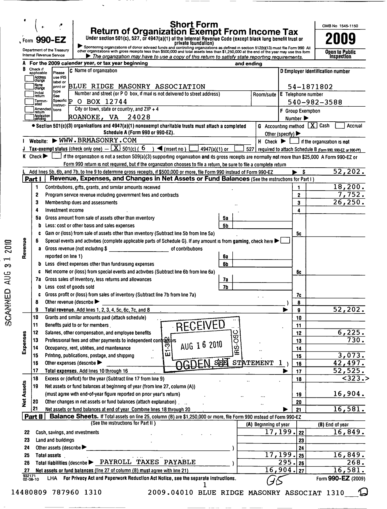 Image of first page of 2009 Form 990EO for Blue Ridge Masonry Association